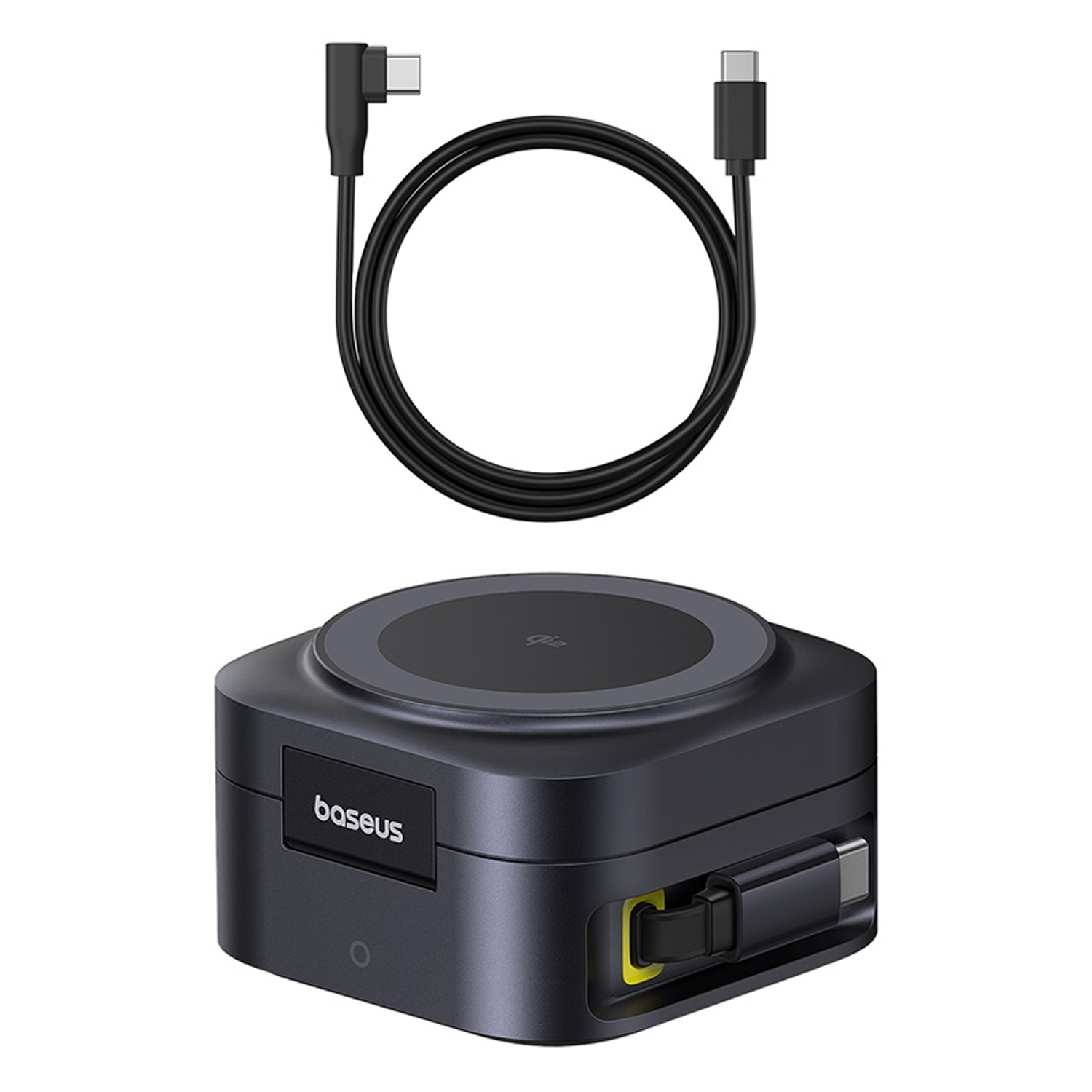 Cargador negro Baseus con cable USB-C enrollado encima.