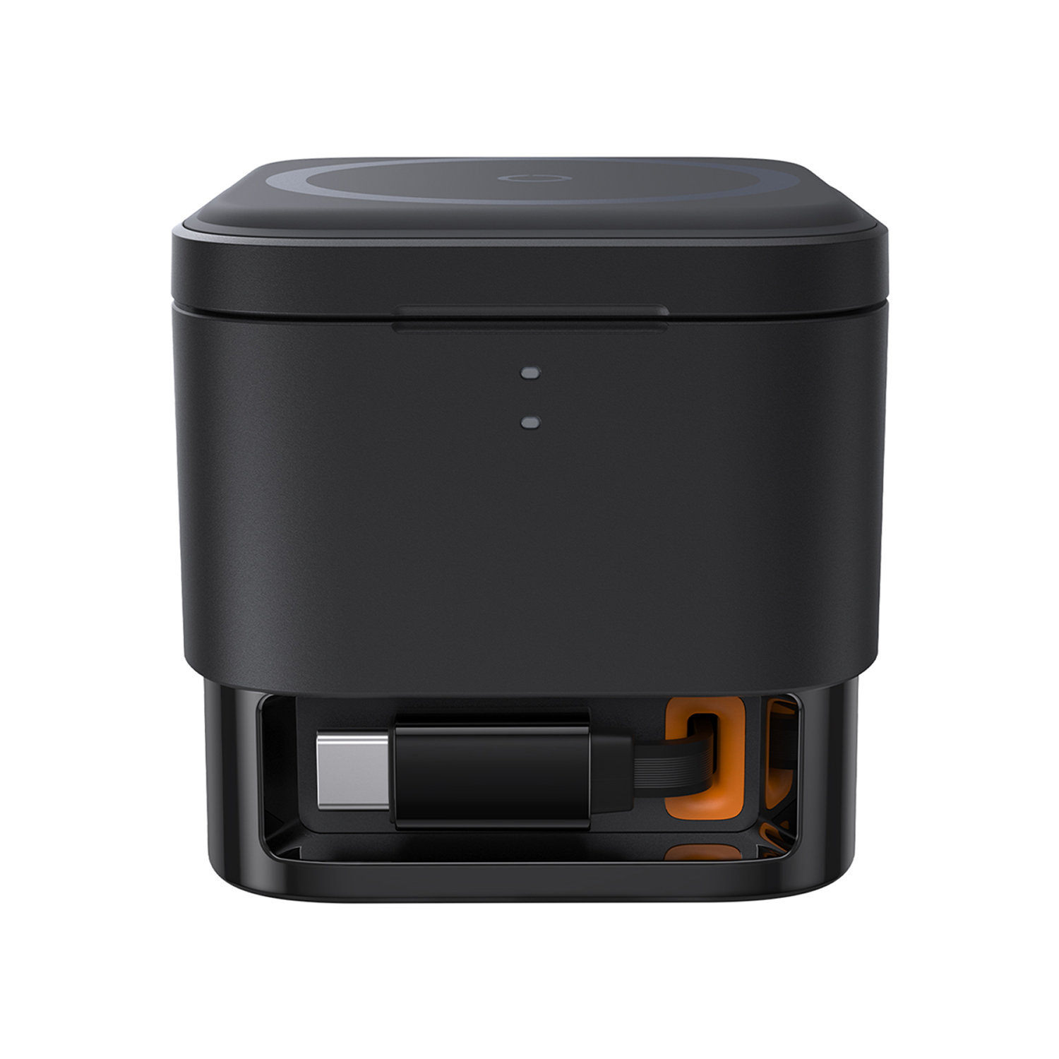 Funda de carga negra con puerto USB-C e indicadores de carga.