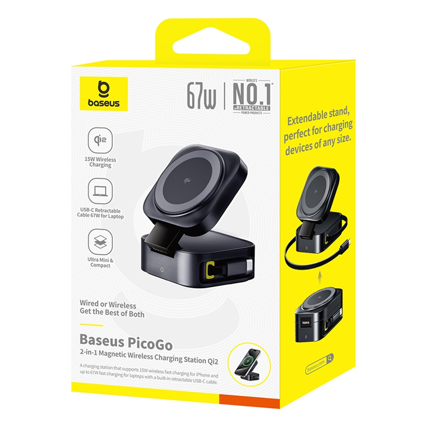 Caja amarilla con estación de carga Baseus PicoGo 2 en 1, 15W inalámbrica.