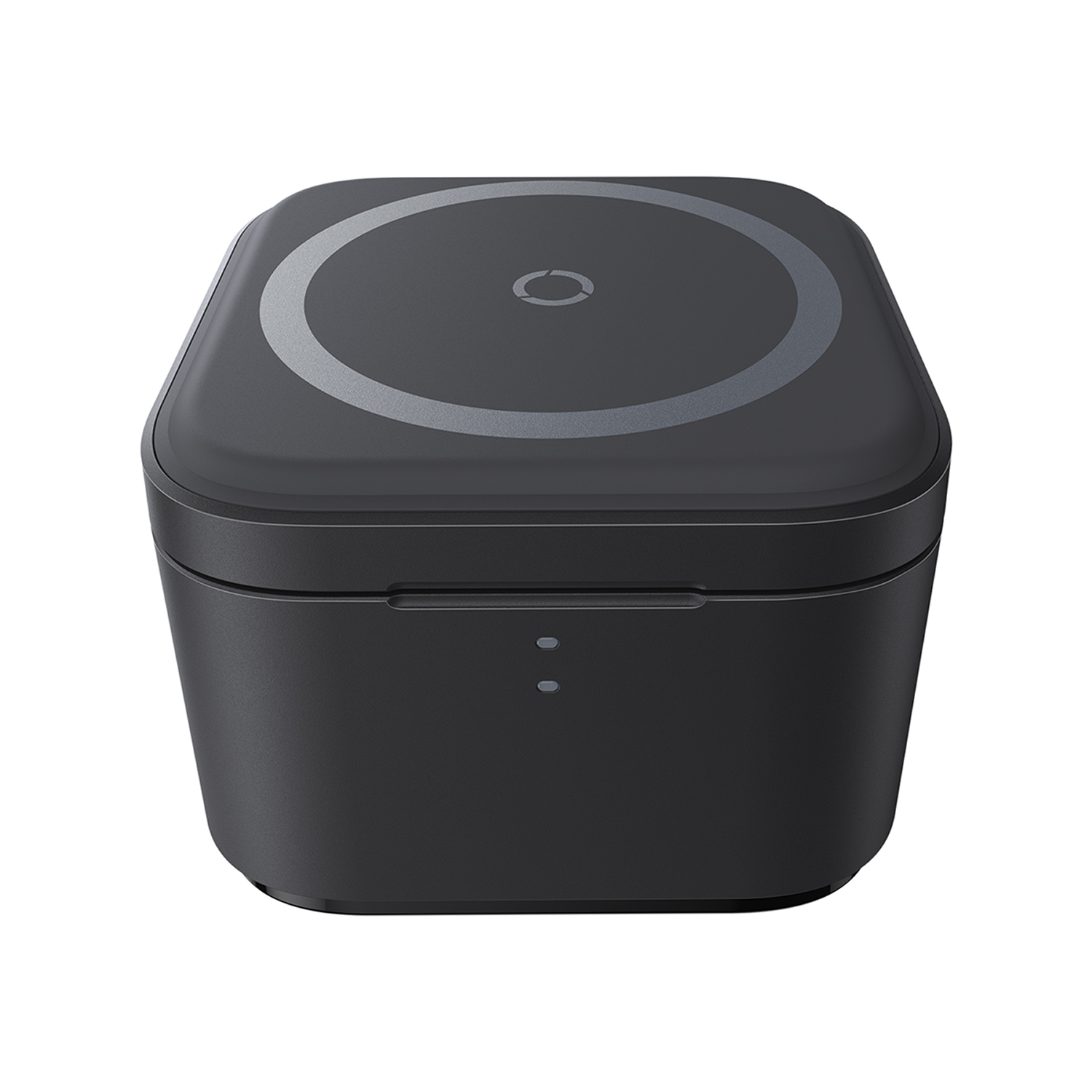 Un estuche de carga negro para auriculares inalámbricos con diseño circular.