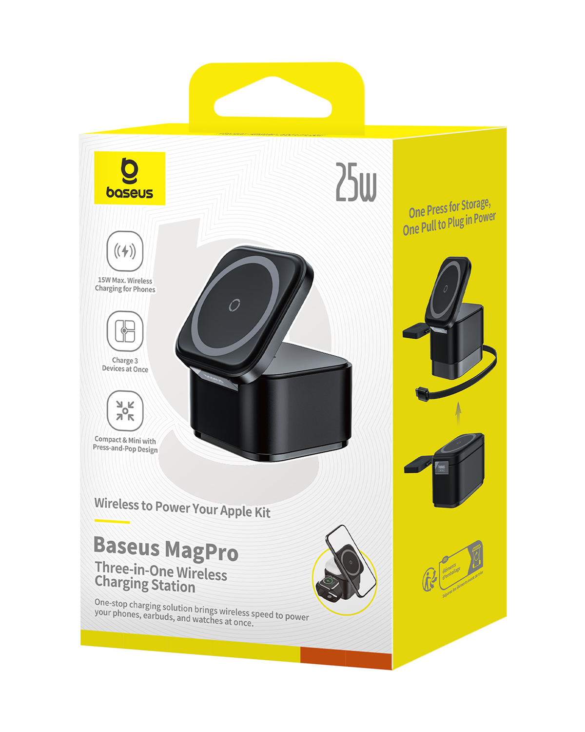Embalaje de la estación de carga inalámbrica 3 en 1 Baseus MagPro de 25W.