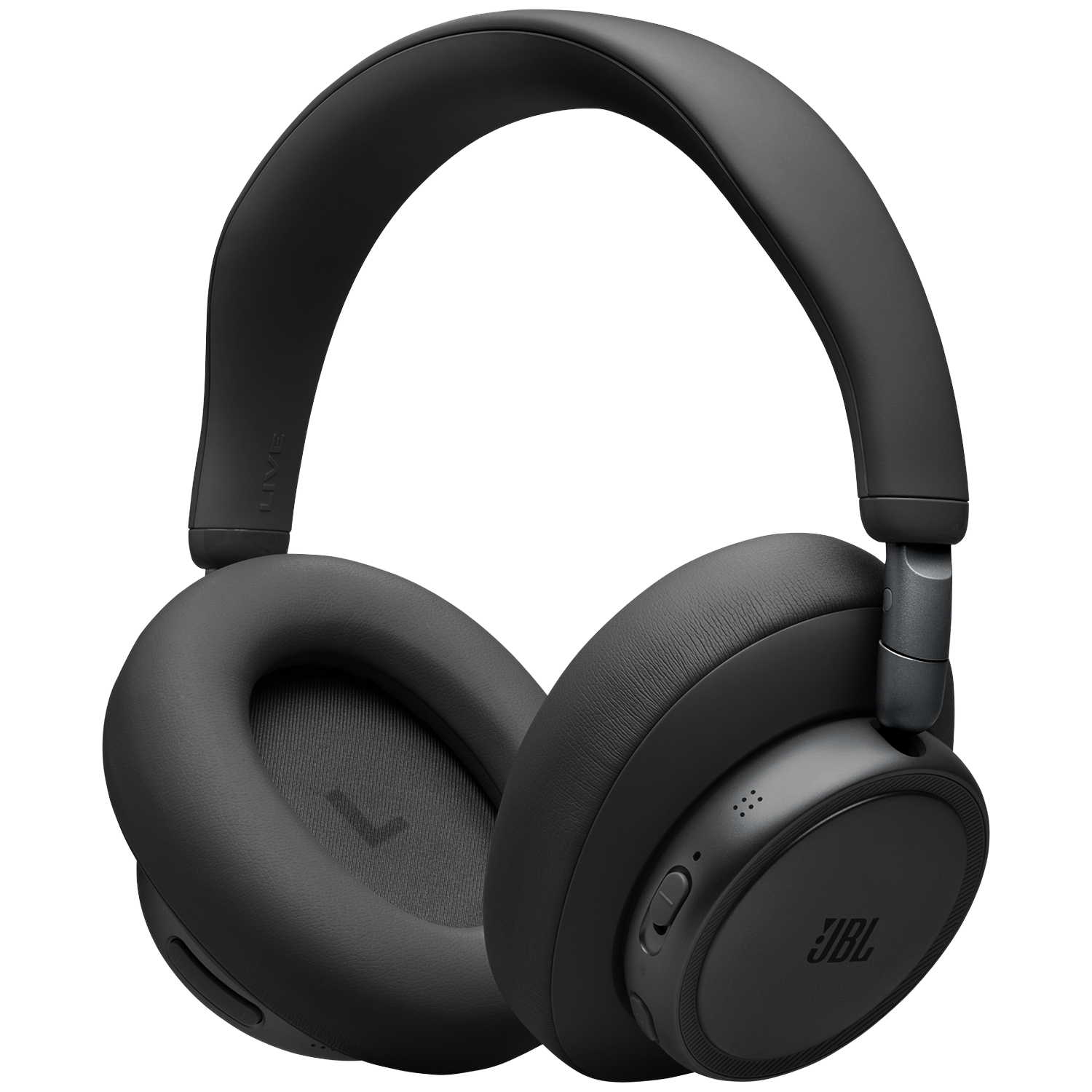 A black JBL over-ear headphone with plush earcups and a padded headband.