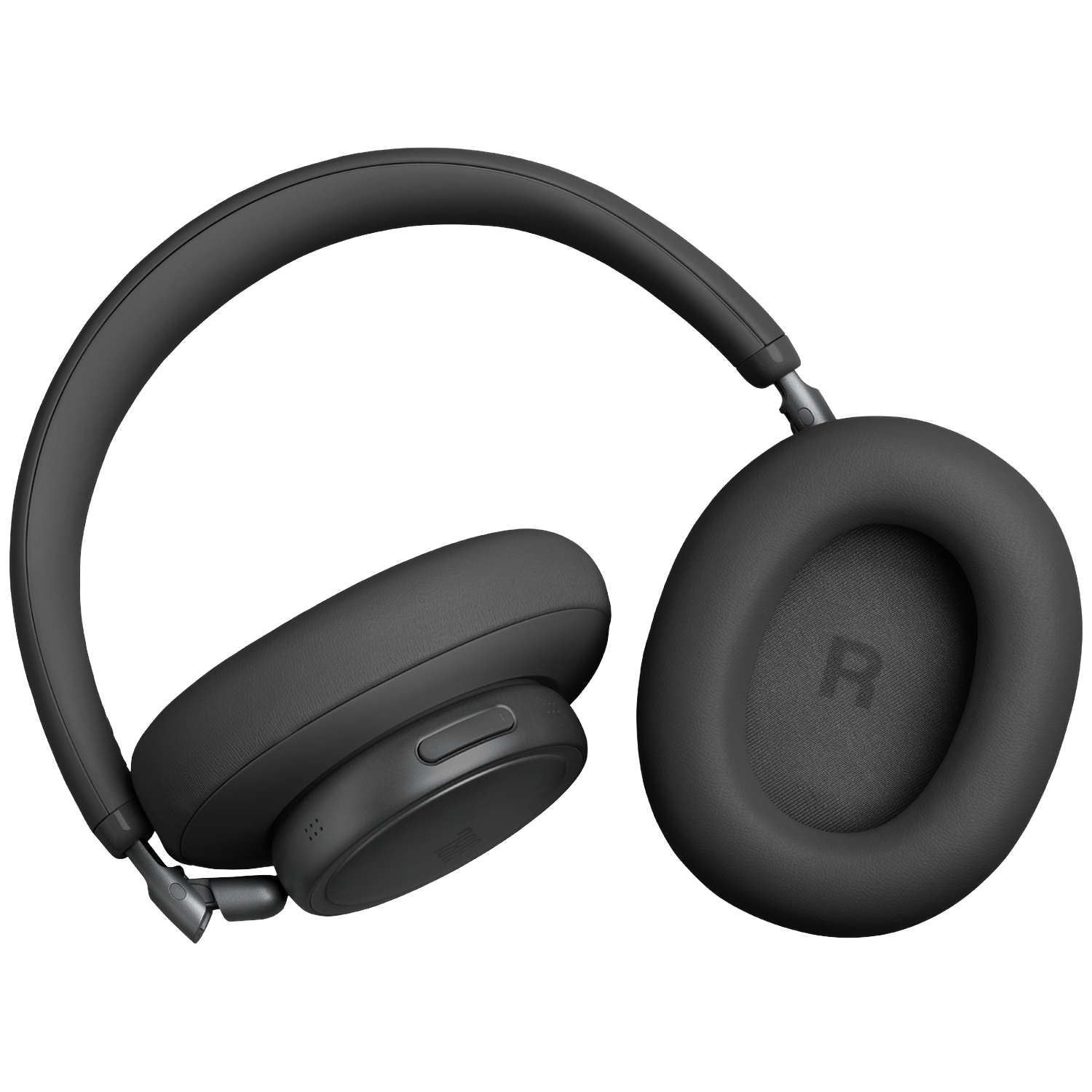 Black over-ear headphones with plush earcups and an 'R' marking on the right earcup.