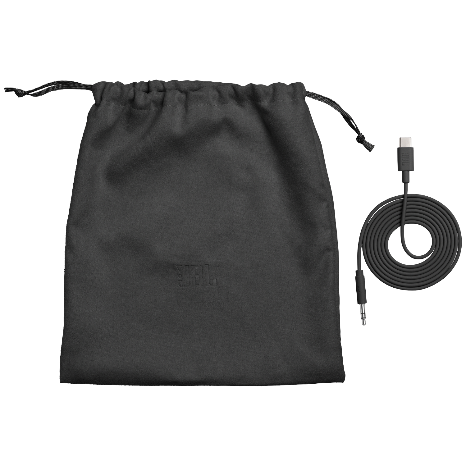 A black drawstring bag with JBL logo and a coiled black USB-C cable with 3.5mm jack.