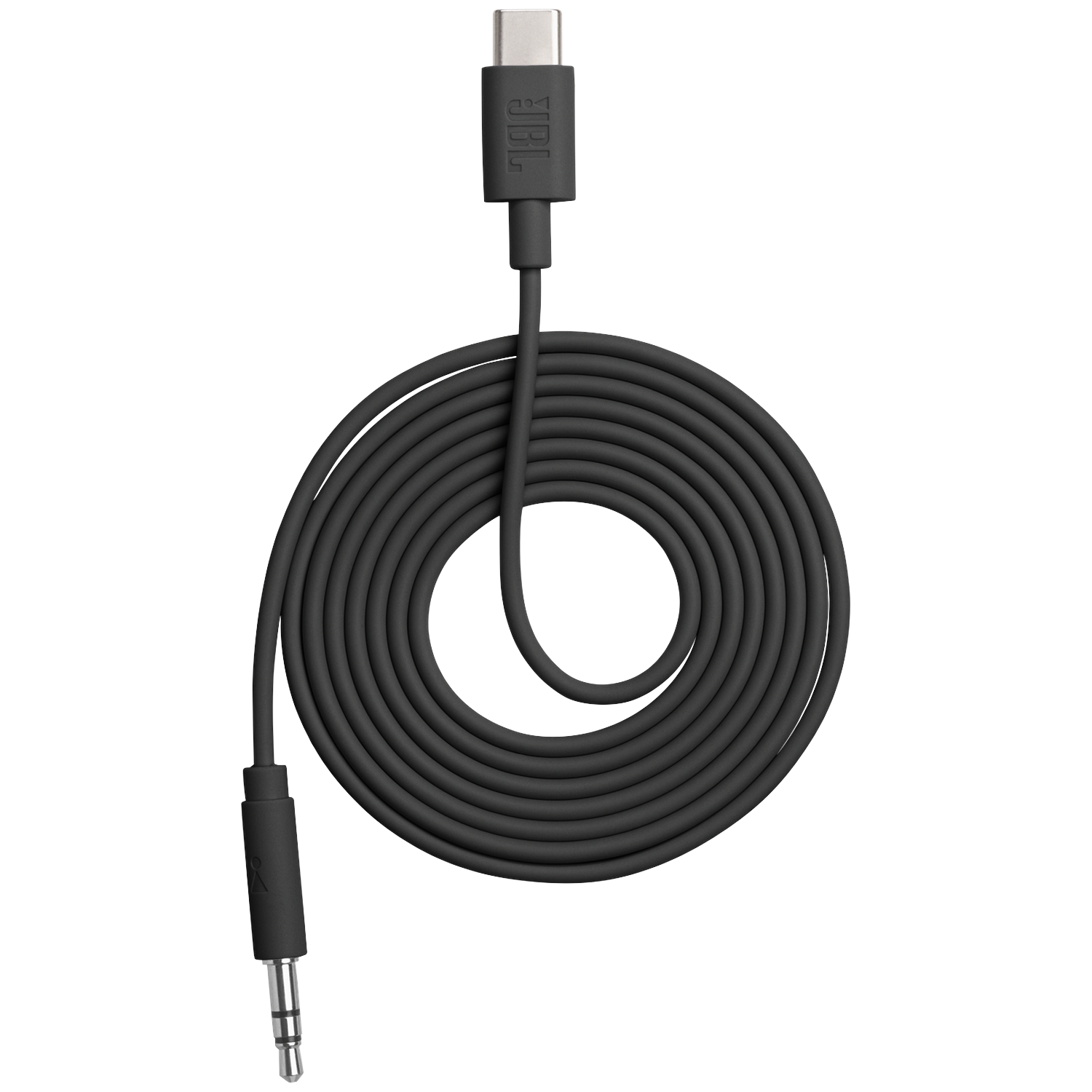 A black JBL cable with USB-C and 3.5mm connectors, coiled.