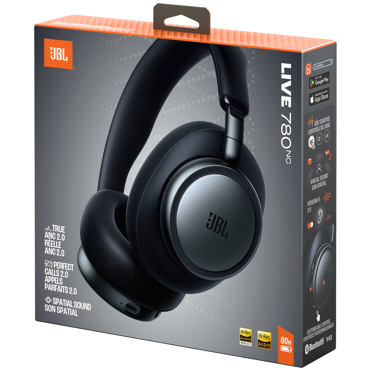 JBL Live 780NC headphones box, black with orange accents. Features ANC, Spatial Sound.