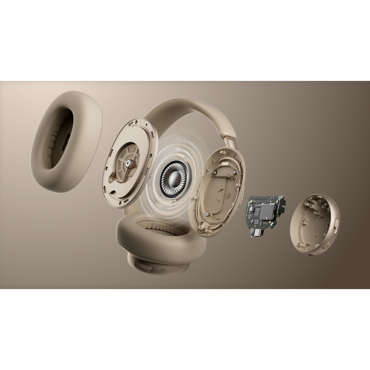 Exploded view of beige headphones showing internal components. Speaker, circuit board visible.
