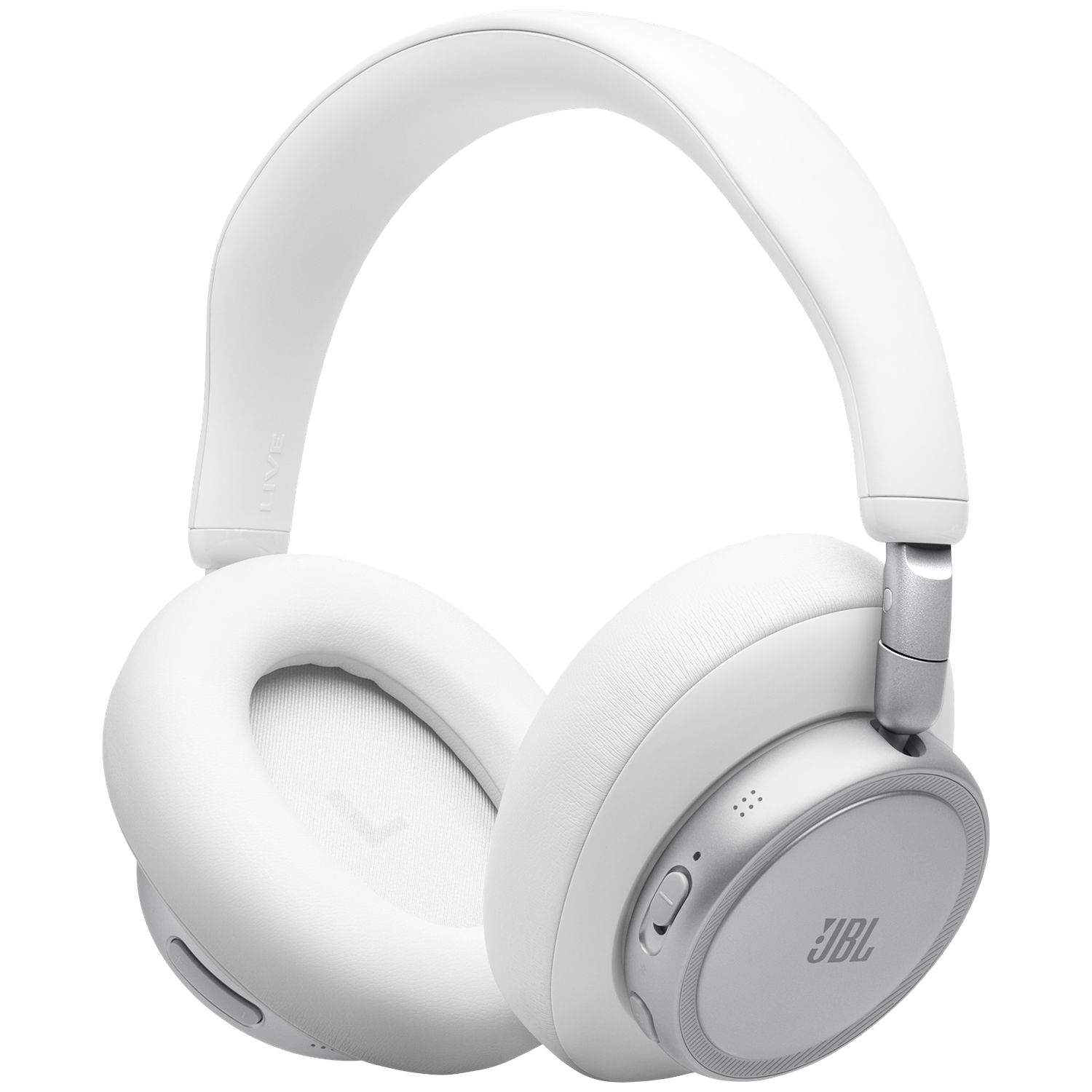 White JBL headphones with silver accents and earcups, set against a black background.