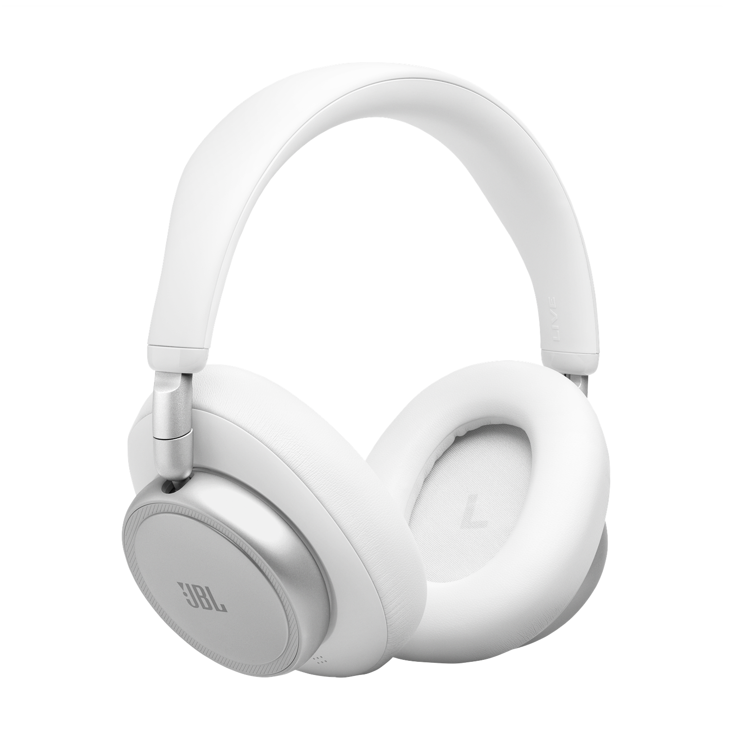 White JBL headphones with silver accents on a black background.