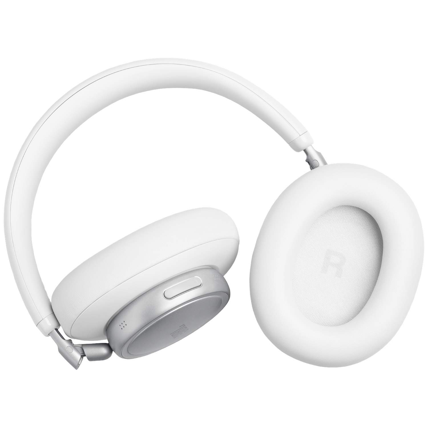 White headphones with silver details, on a white background.
