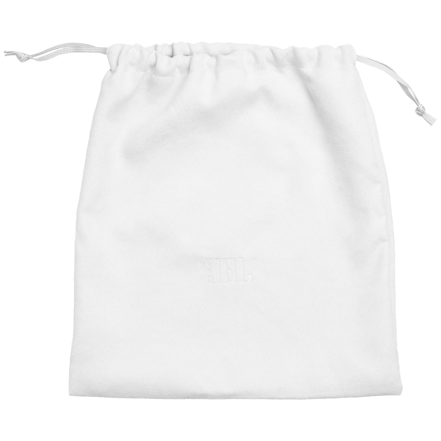 A white drawstring pouch with an embossed JBL logo.