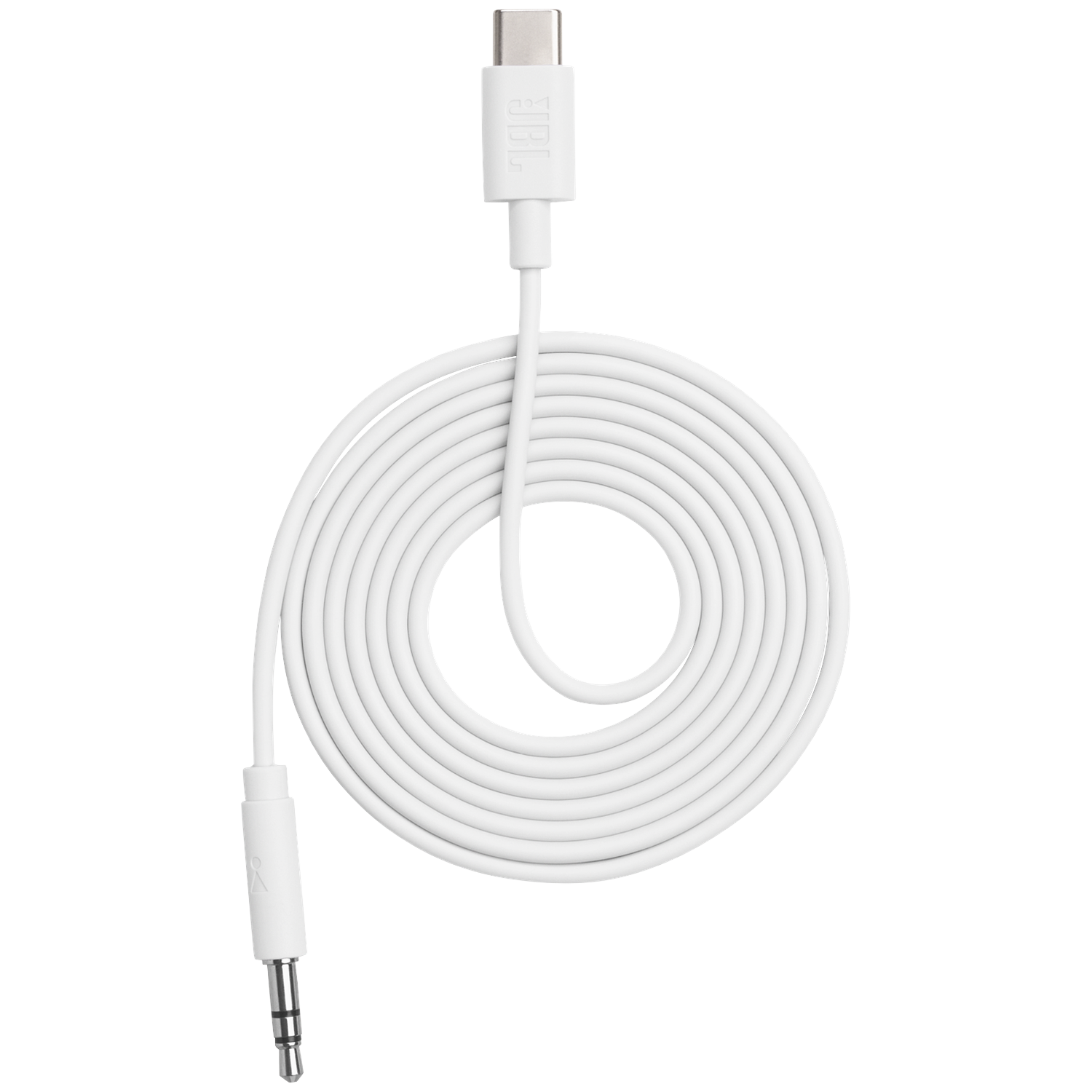 White JBL USB-C to 3.5mm audio cable coiled, with connectors visible.
