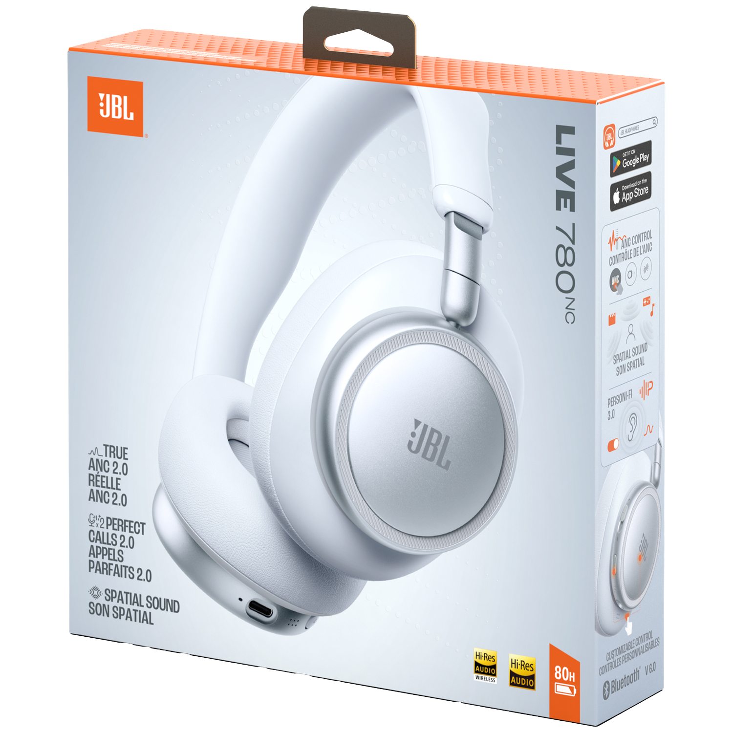 White JBL Live 780NC headphones packaging with orange accents.