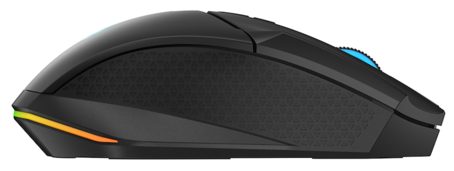 Ratón gaming negro con iluminación RGB y patrón triangular.
