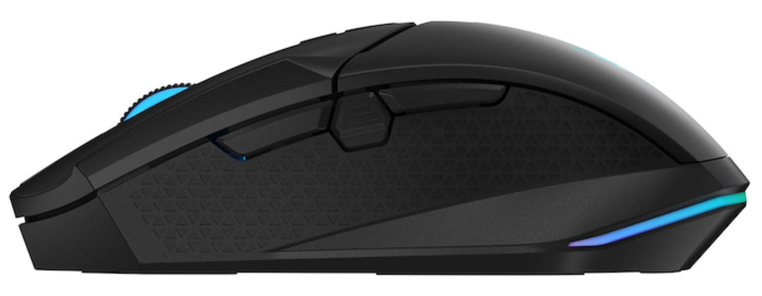 Ratón gamer negro con luces azul y turquesa y agarre texturizado.