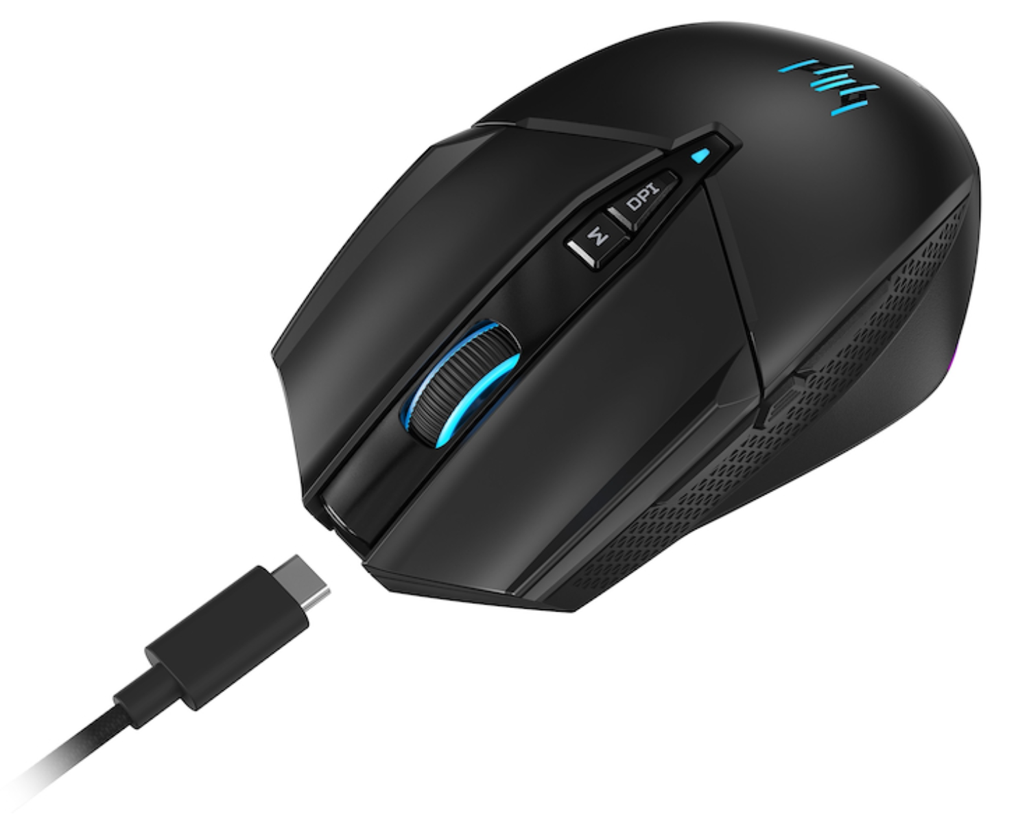 Ratón gaming negro con cable USB-C y detalles azules.