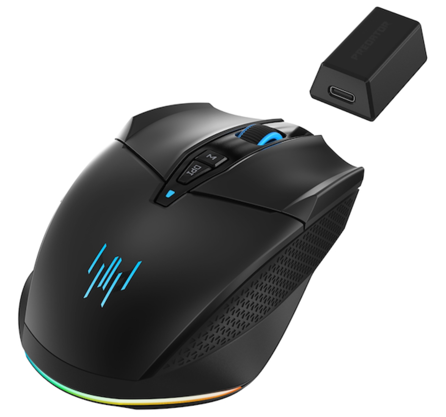 Ratón gaming negro con detalles RGB y dongle USB. Luces azules en el ratón.