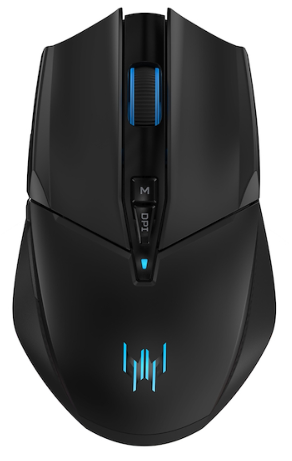 Ratón gaming negro con logo y rueda de scroll iluminados en azul.