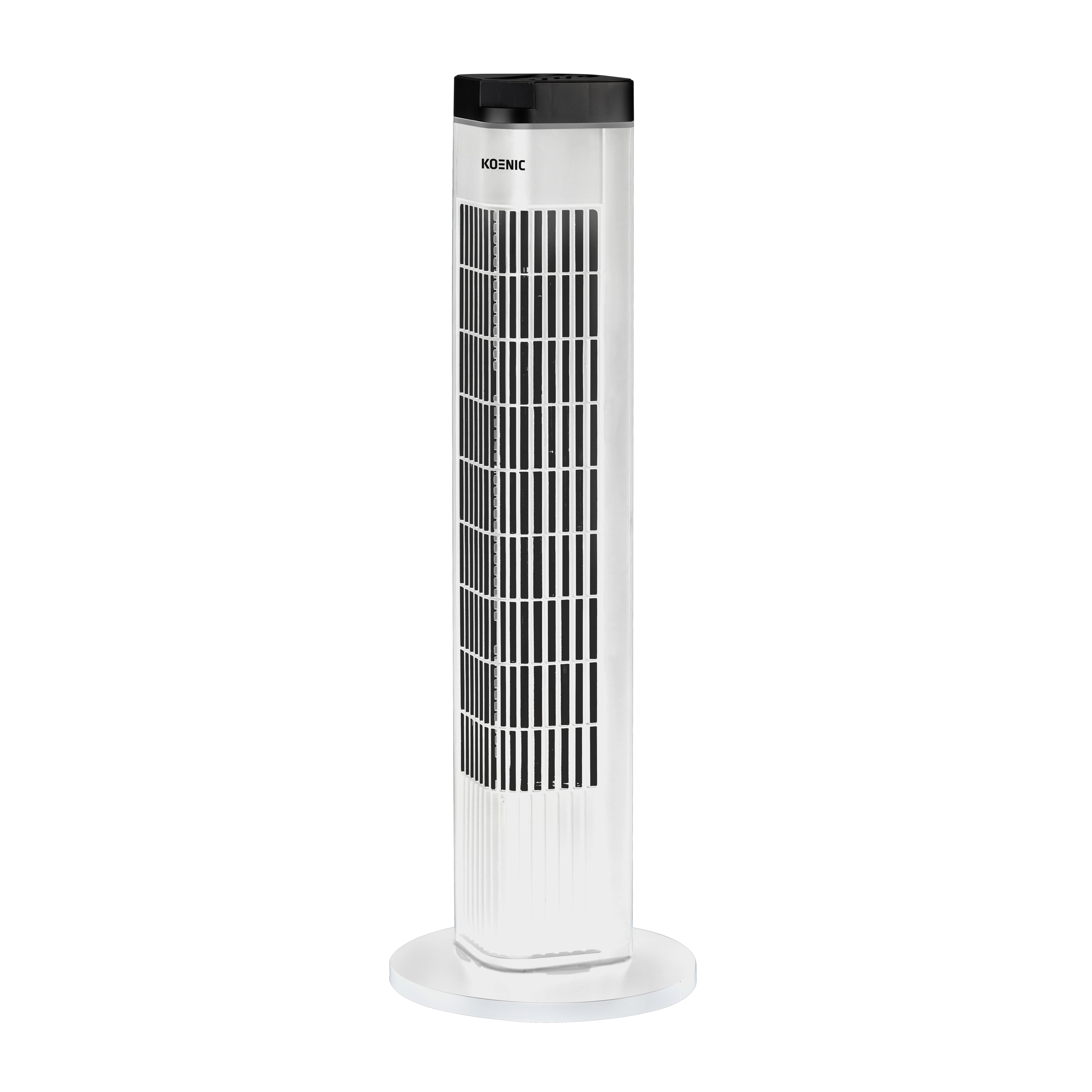 Un ventilador de torre blanco con rejilla negra y parte superior negra.