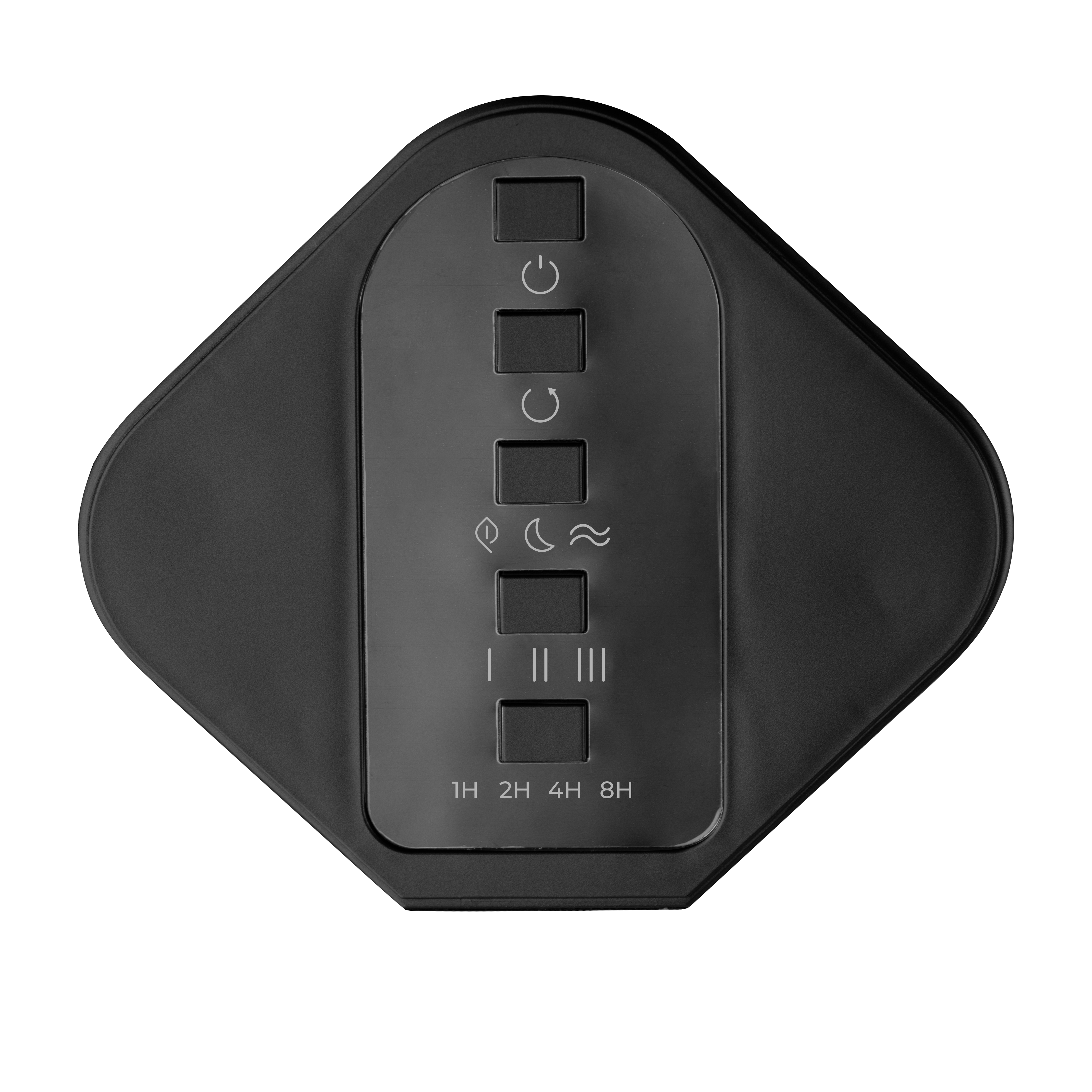Panel de control negro con botones: Encendido, velocidad del ventilador, ajustes.
