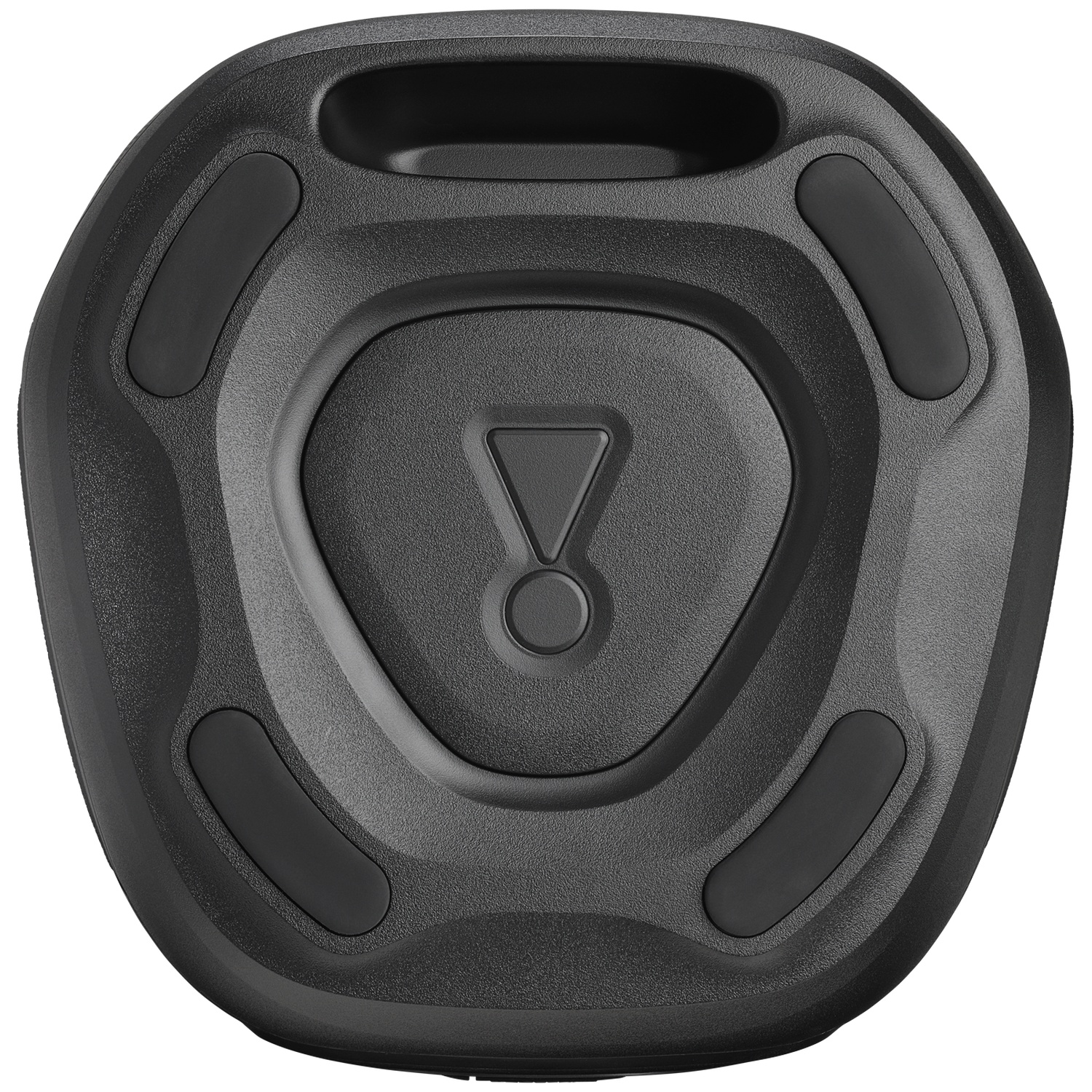 Black speaker with embossed logo and rubber feet.