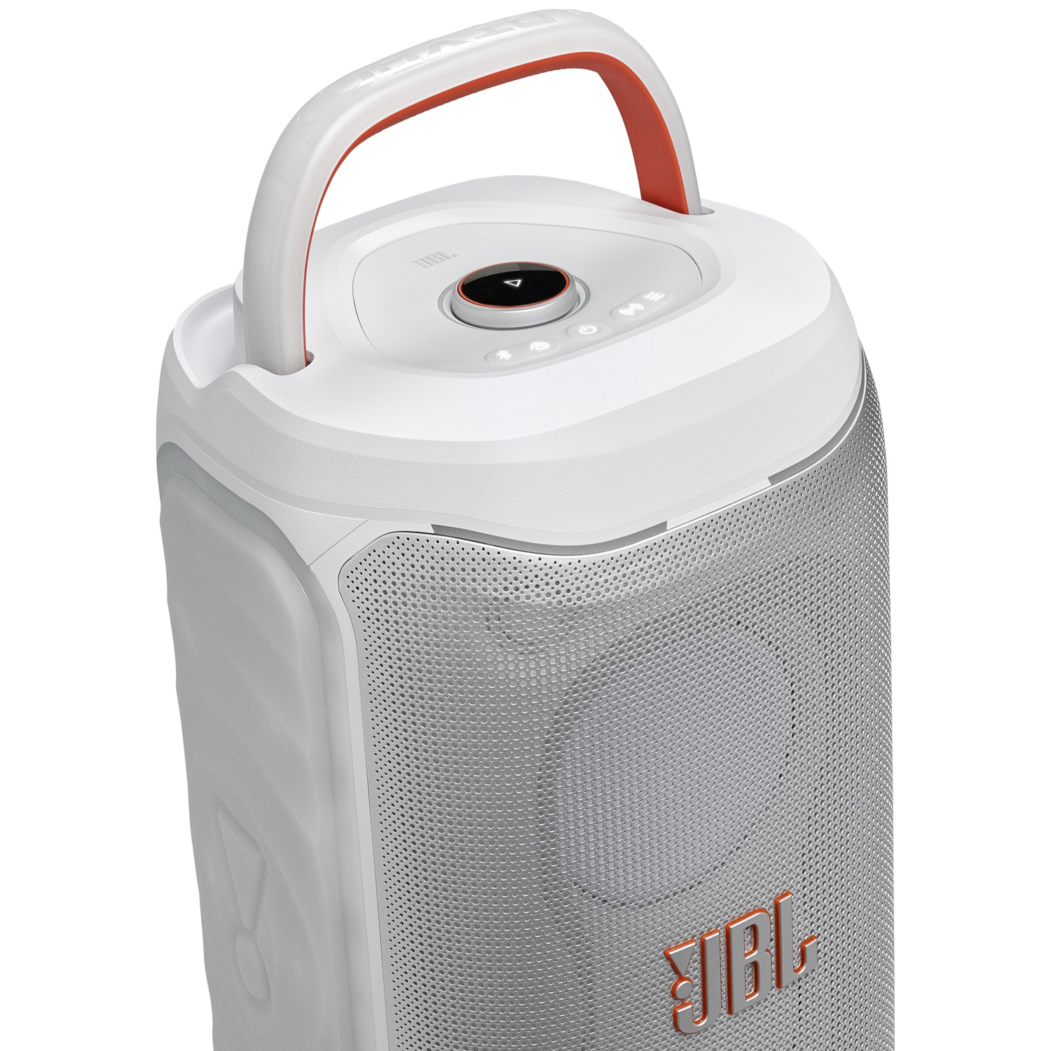 Une enceinte JBL portable blanche avec une poignée orange et une grille argentée.