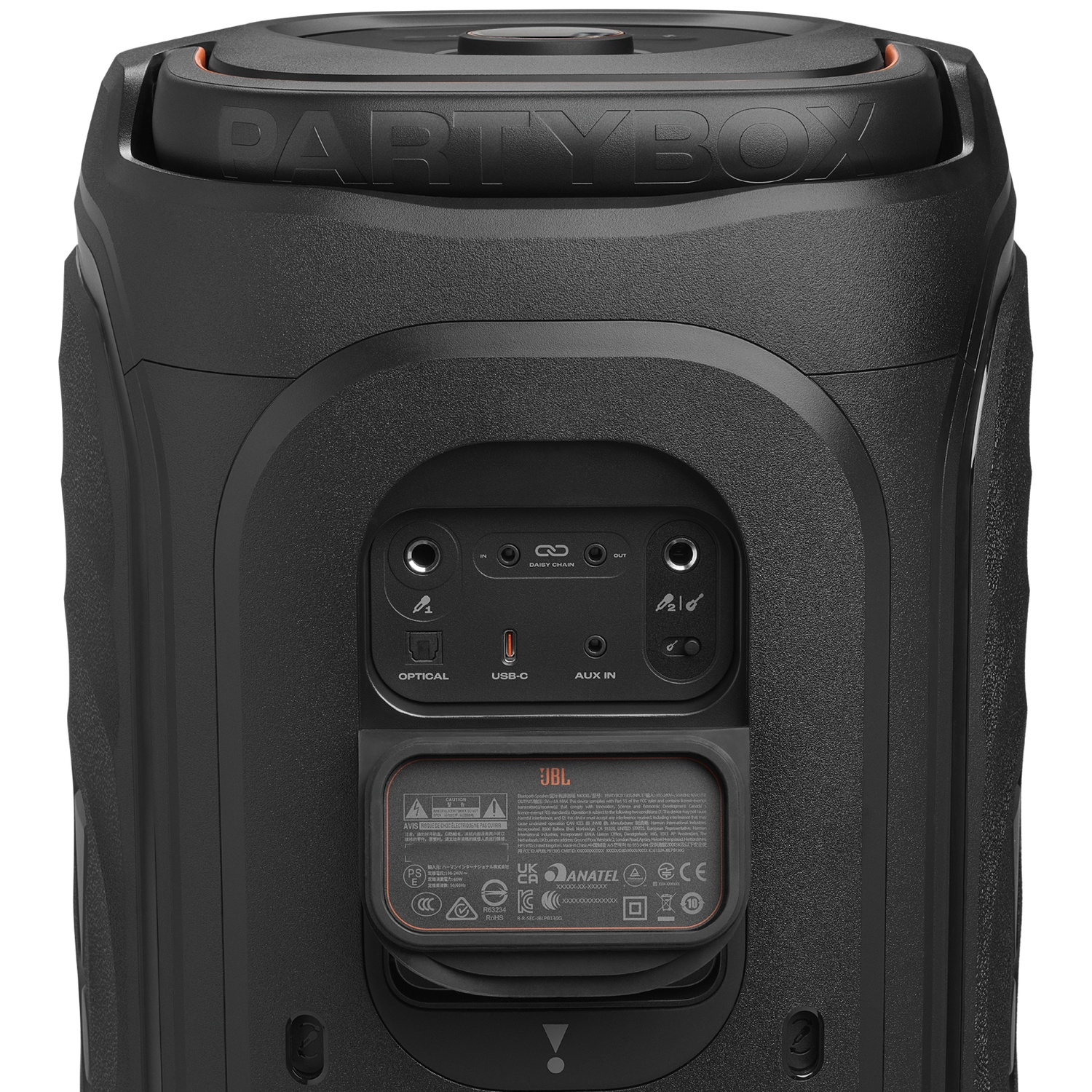 Back of a black JBL Partybox speaker, showing ports like Optical, USB-C, and Aux In.