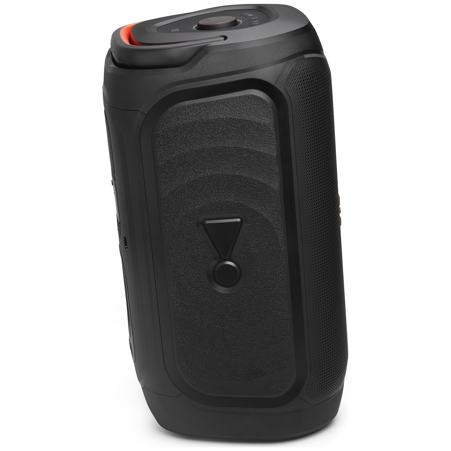 Black portable speaker with orange accents, on a white background.