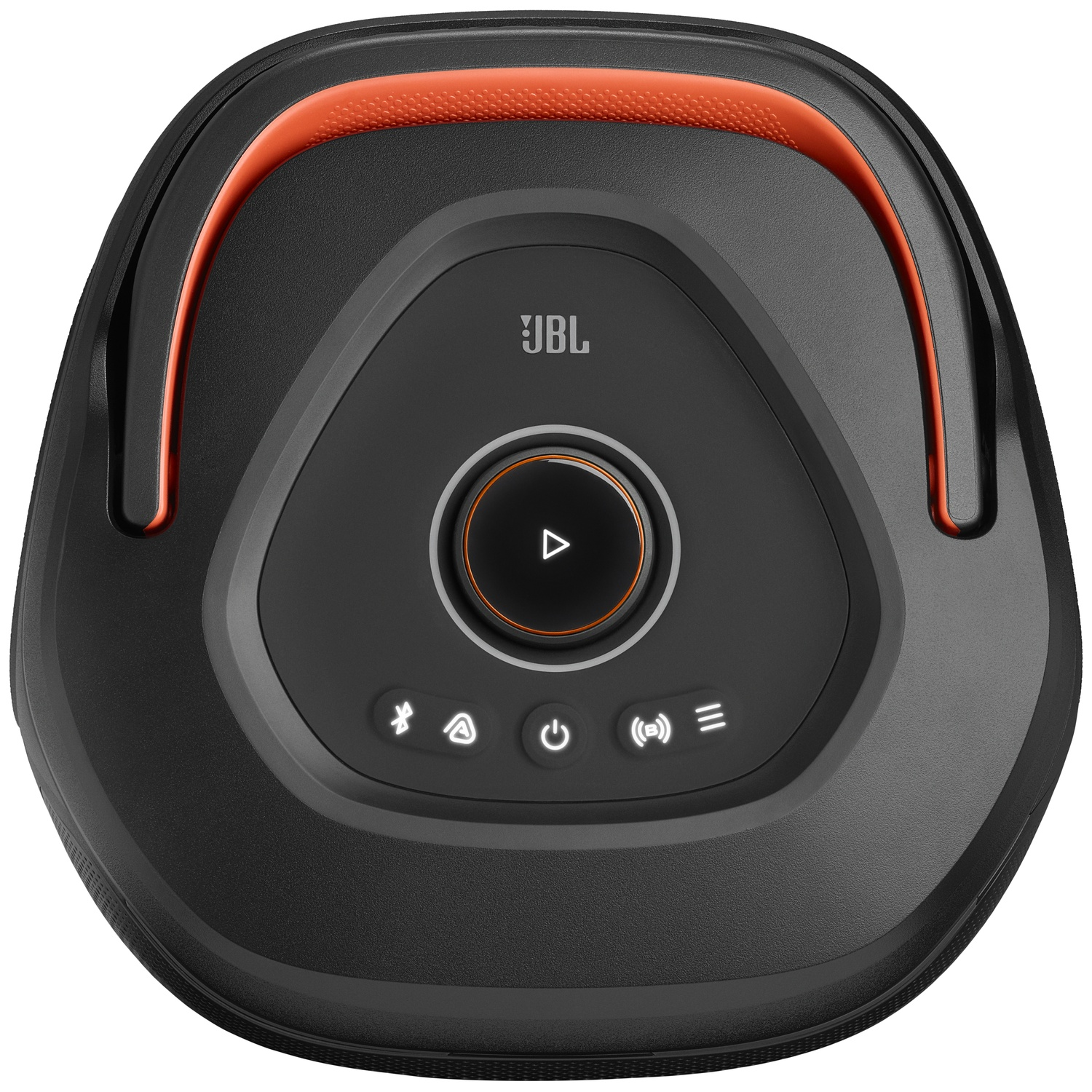 Black JBL speaker with orange accents and a play button.