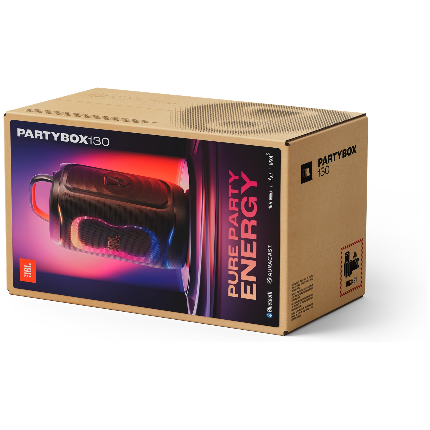 JBL Partybox 130 packaging with speaker illustration.