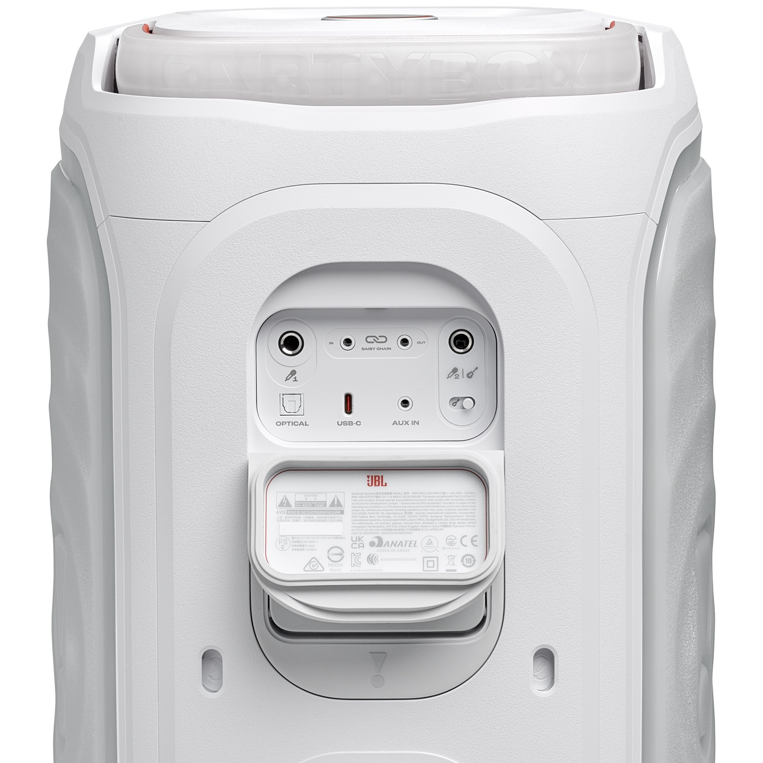 Enceinte JBL blanche avec ports : Optique, USB-C, Aux In, Daisy Chain In/Out.