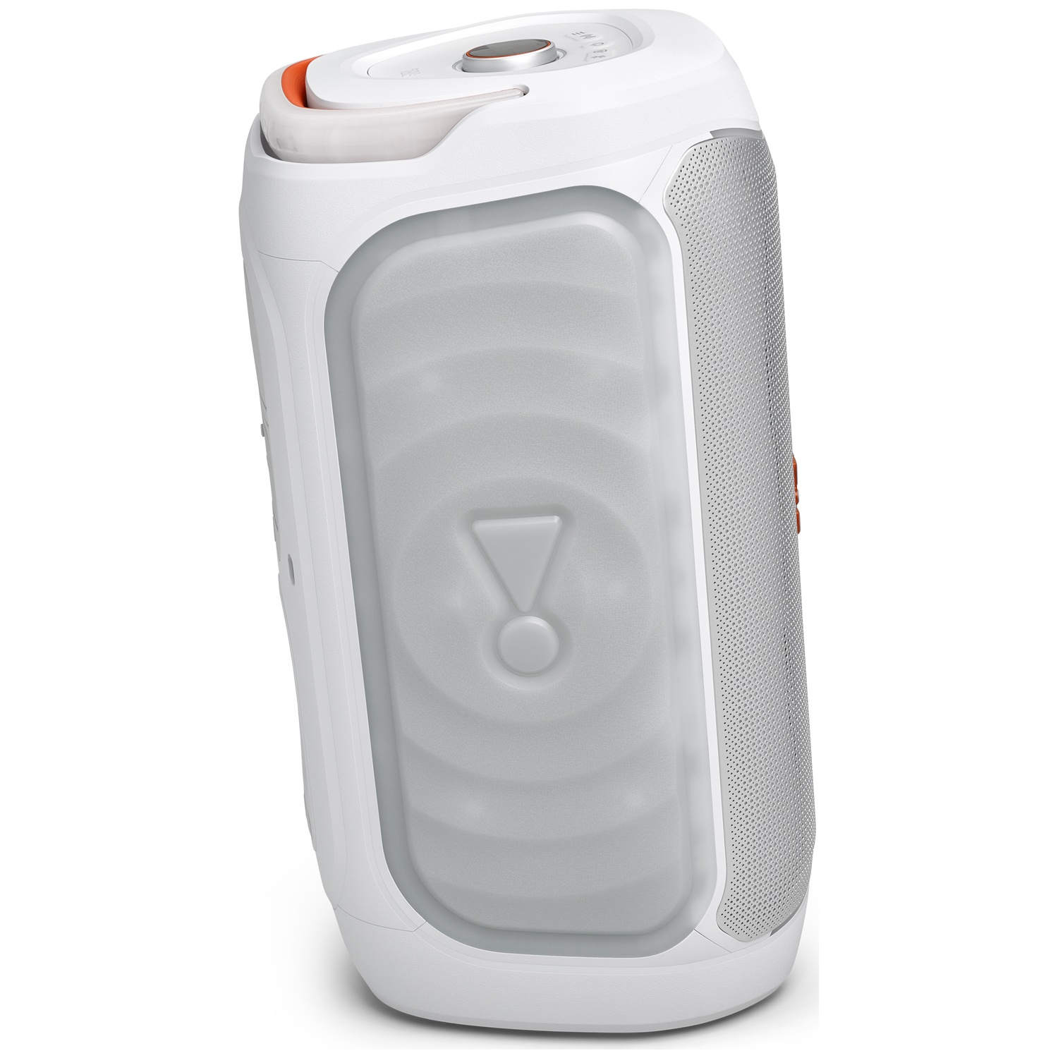 Enceinte JBL blanche avec des accents orange. Comprend une grille perforée et un grand panneau latéral translucide.