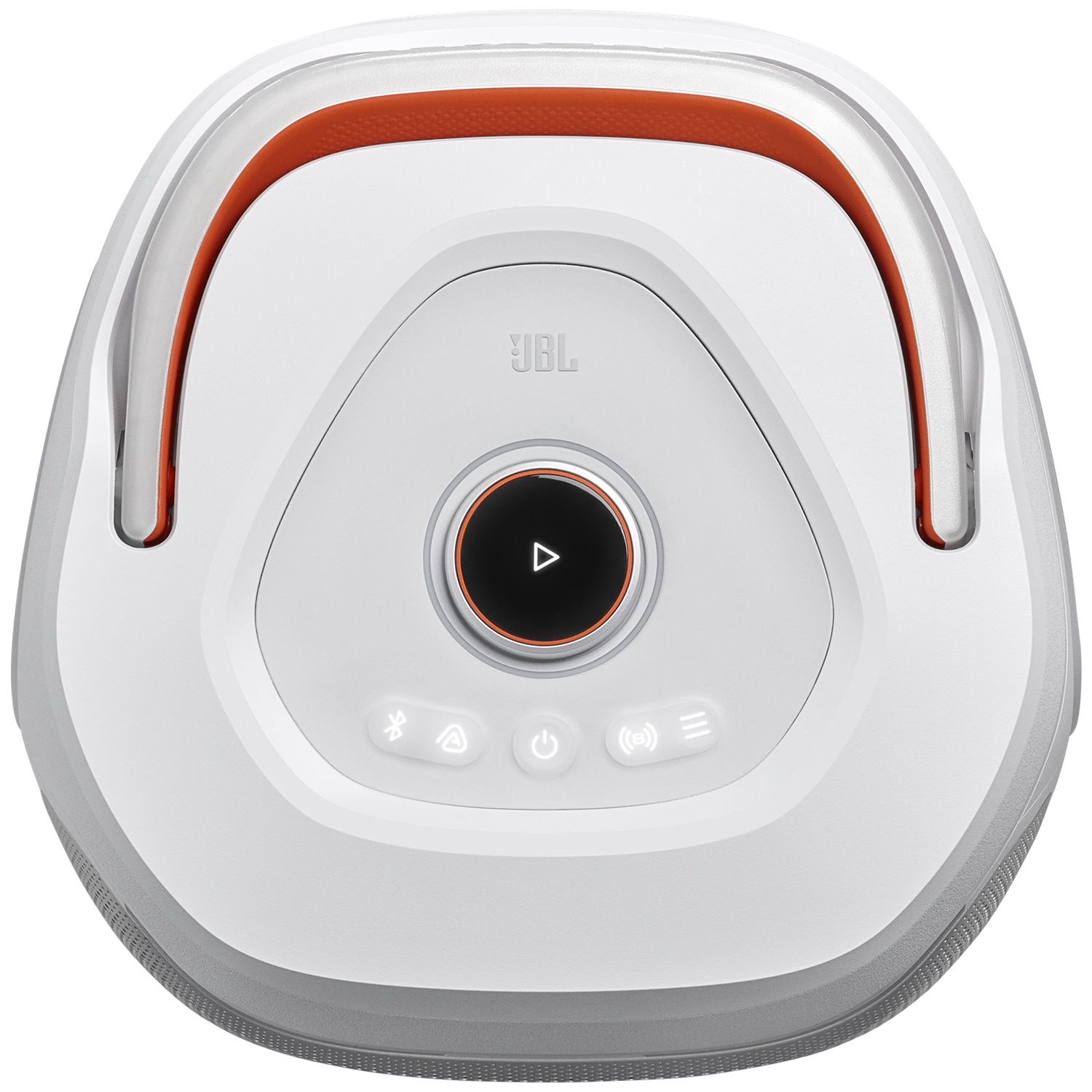 Enceinte JBL blanche avec accents orange et bouton lecture central.