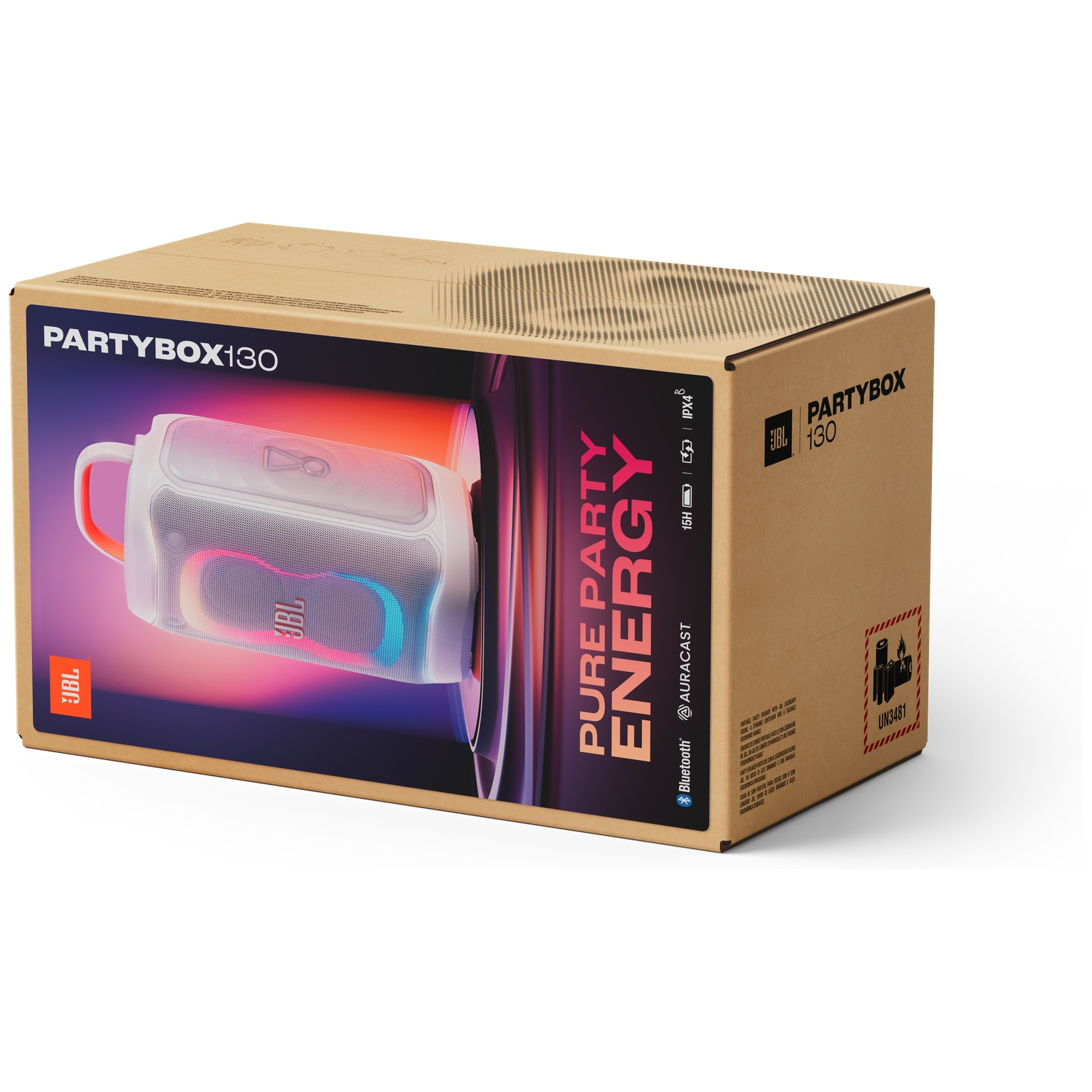 Emballage de haut-parleur JBL PartyBox 130 avec écran couleur et poignée.