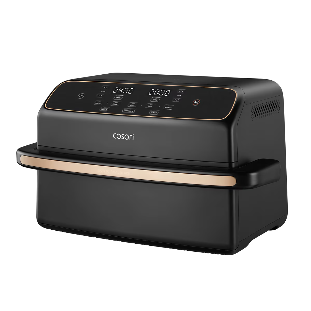 Horno freidora de aire Cosori negro con pantalla digital y detalles dorados.