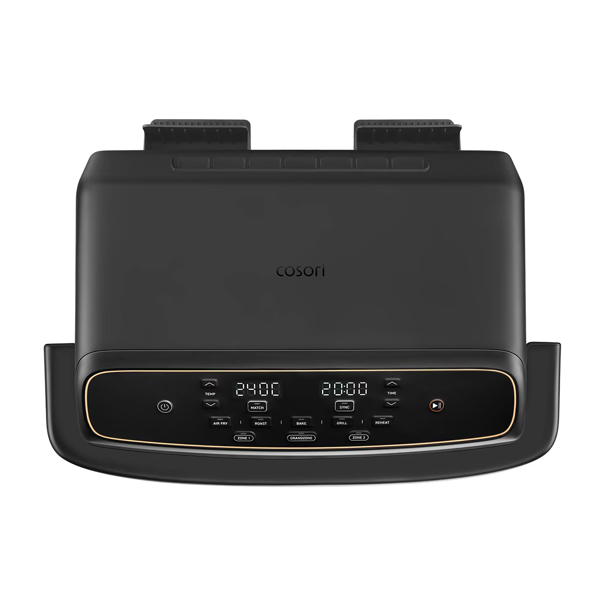 Freidora de aire y parrilla negra con pantalla digital para temperatura y tiempo.