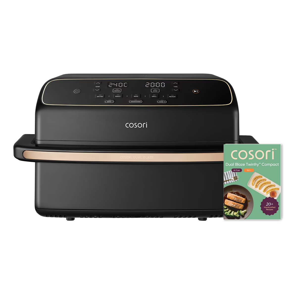 Freidora de aire Cosori Dual Blaze negra con panel de control y libro de recetas.