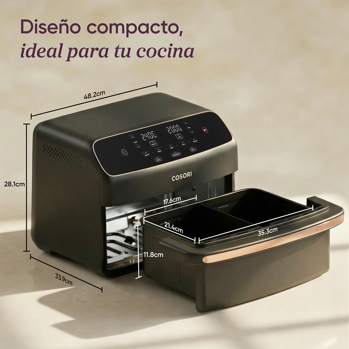 Freidora de aire negra con dimensiones y cesta extraíble.