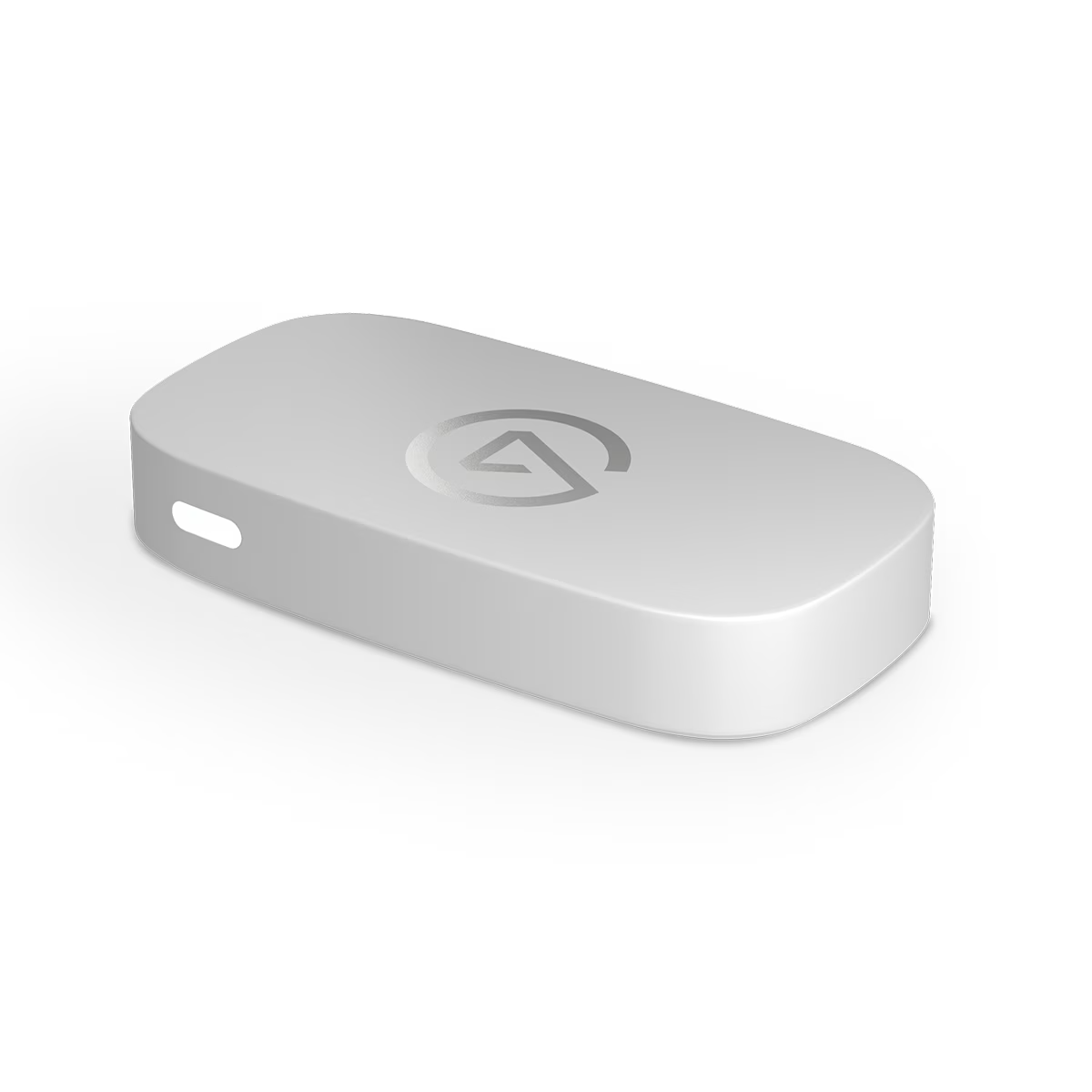 Un dispositivo blanco y alargado con un logo plateado y una ranura lateral.