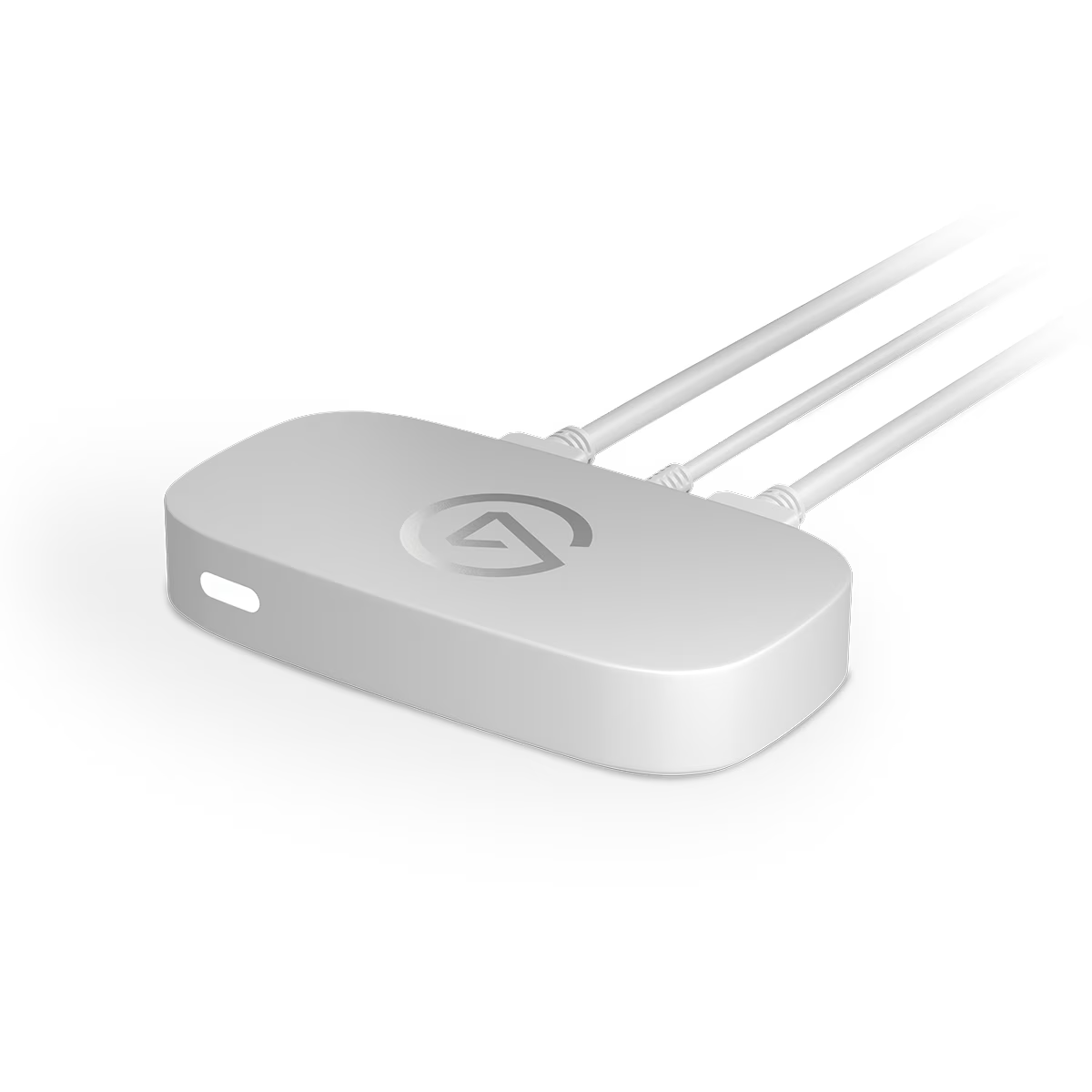 Un dispositivo blanco con tres cables blancos conectados en la parte trasera.