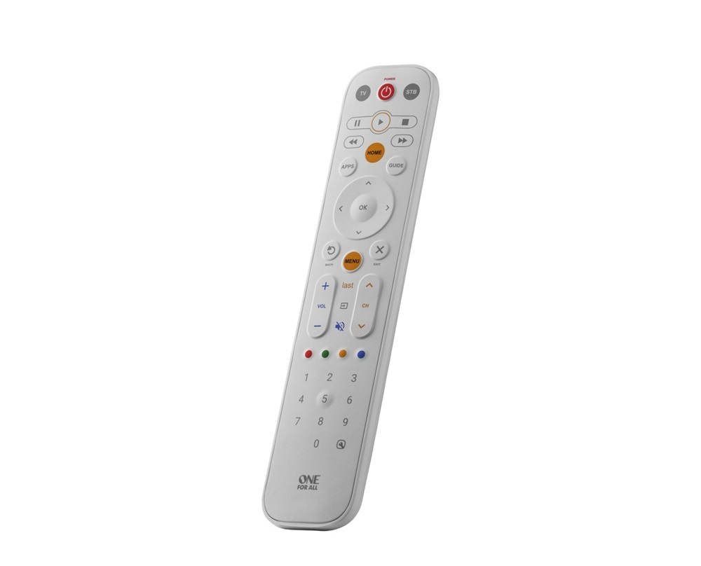 Un mando a distancia universal blanco con muchos botones, teclado numérico y logo.