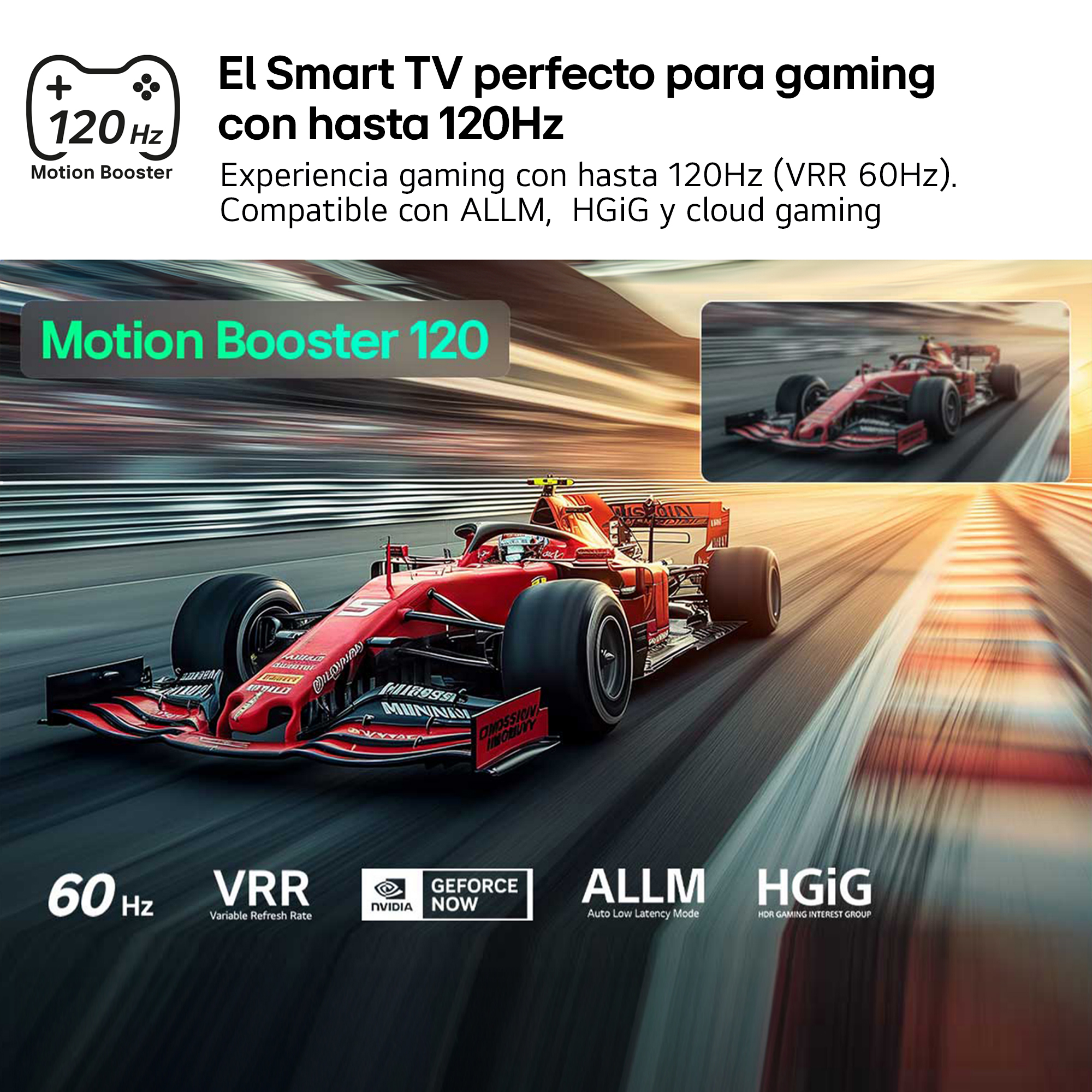 Un coche de Fórmula 1 rojo corre en una pista con Motion Booster 120.