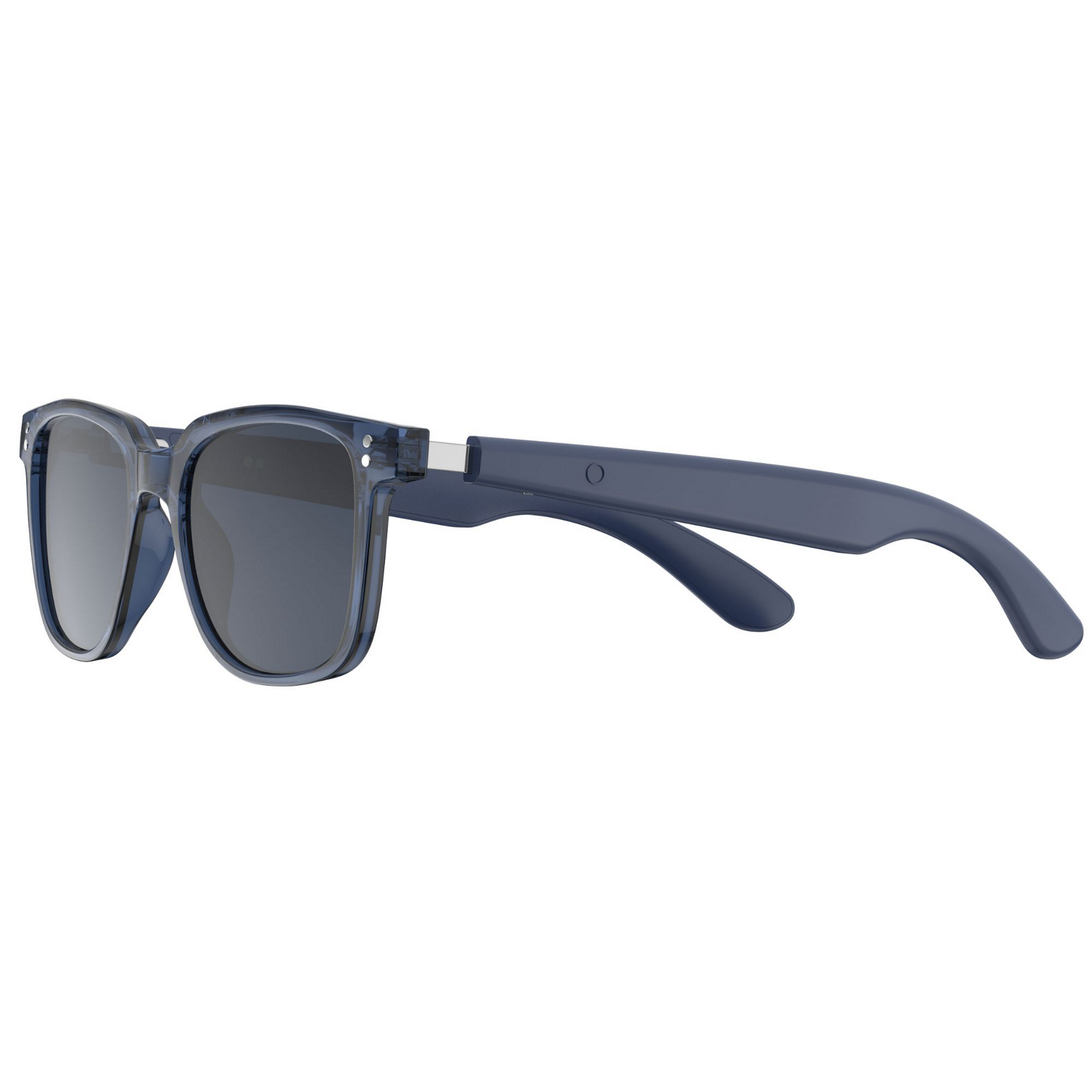 Unas gafas de sol azules transparentes con lentes oscuras, vistas de lado.