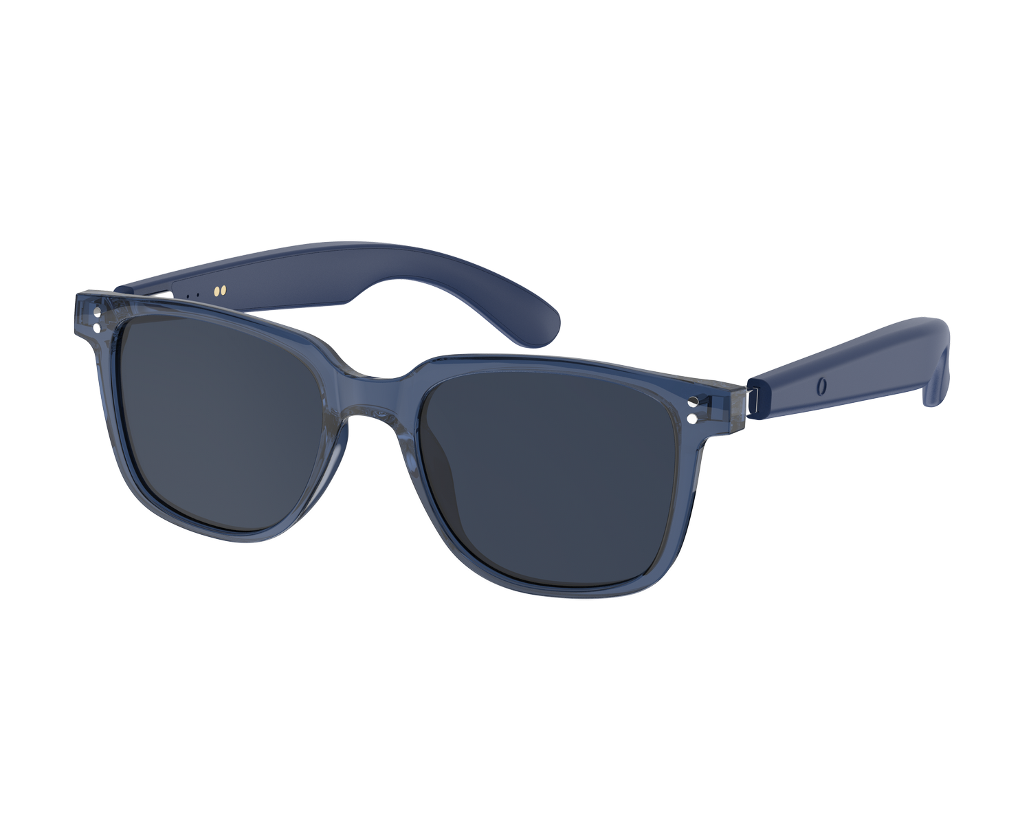 Gafas de sol azul oscuro con montura cuadrada y lentes oscuras.