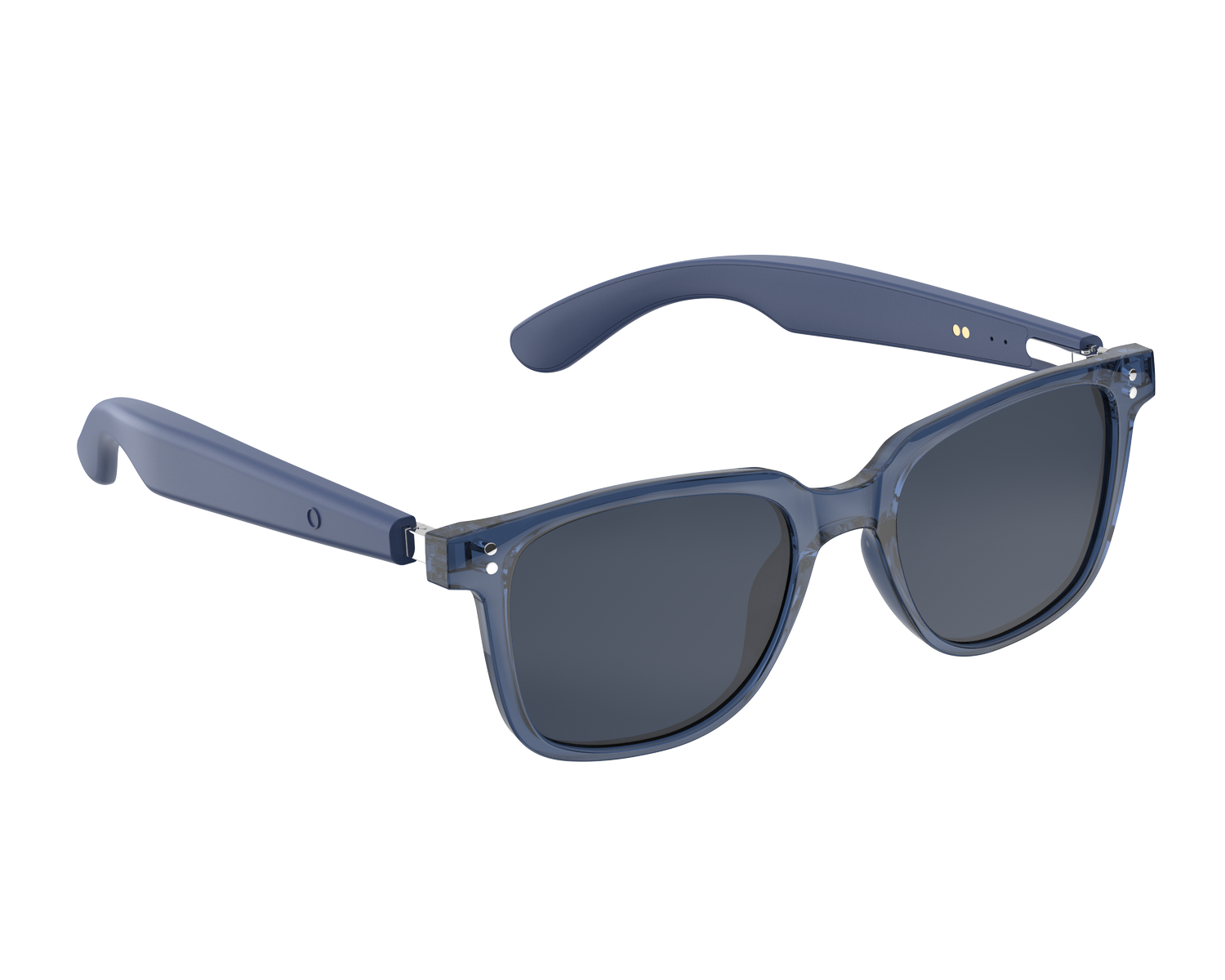 Unas gafas de sol azules con lentes oscuras y patillas finas.