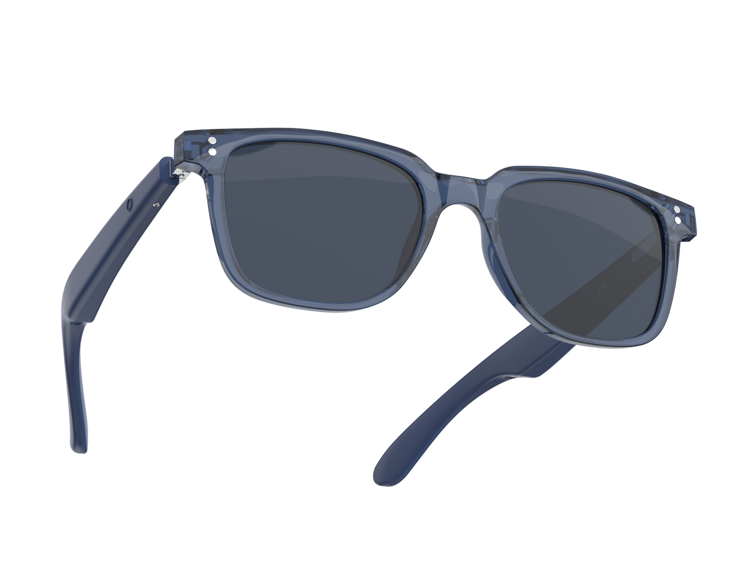 Gafas de sol azules transparentes con lentes oscuras y detalles plateados.