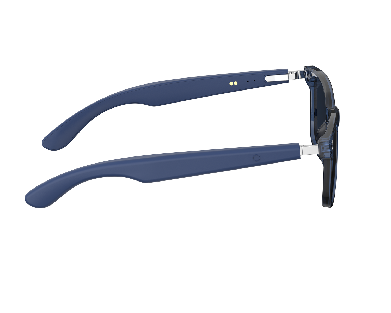 Varillas de gafas azul oscuro con bisagras plateadas y lentes negras.