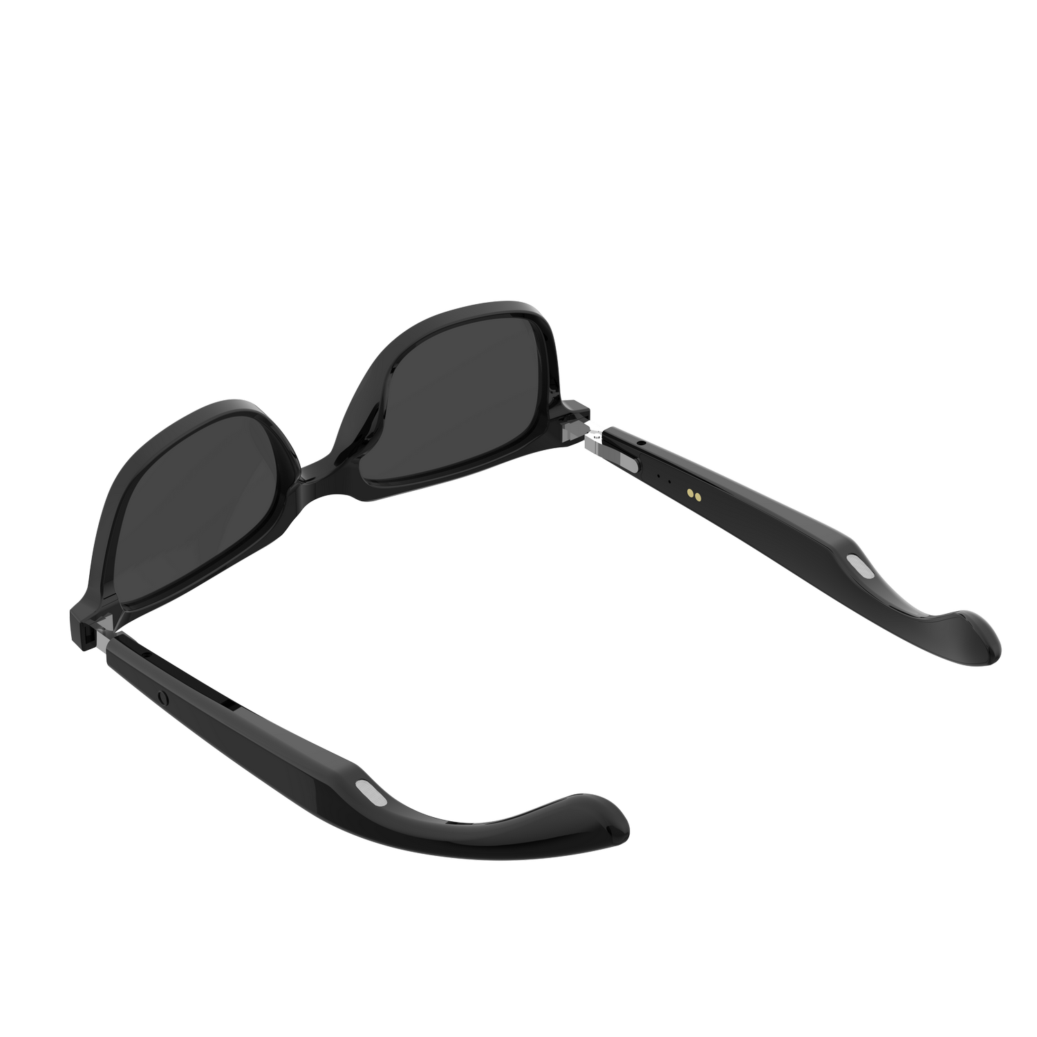 Gafas de sol negras con lentes y patillas, sobre fondo gris.