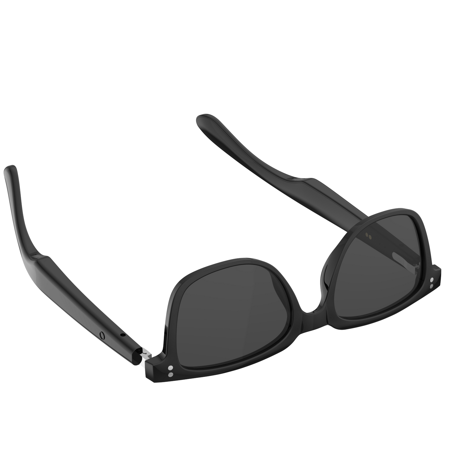 Gafas de sol negras con lentes oscuras y montura fina, vistas de lado.