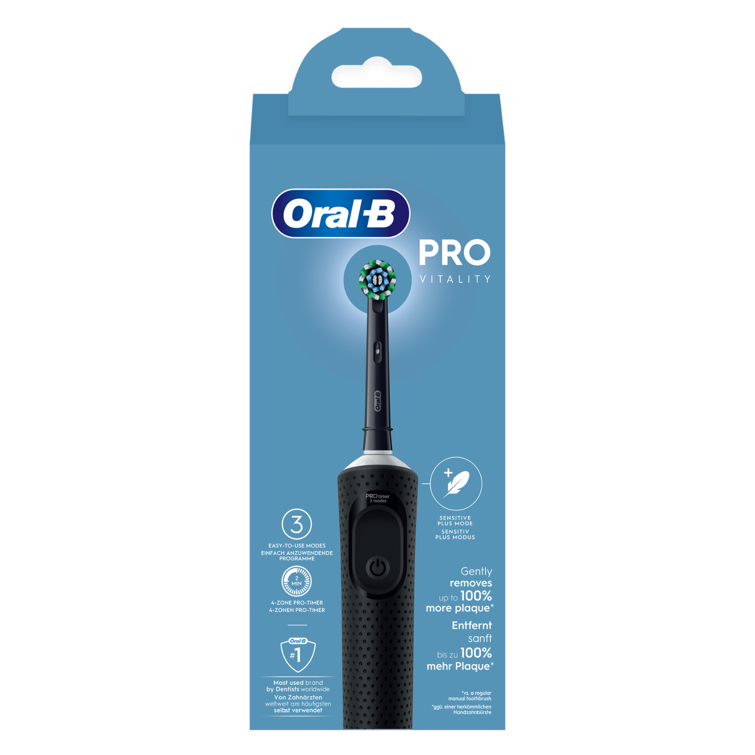 Embalaje de un cepillo de dientes Oral-B Pro Vitality negro con detalles azules.